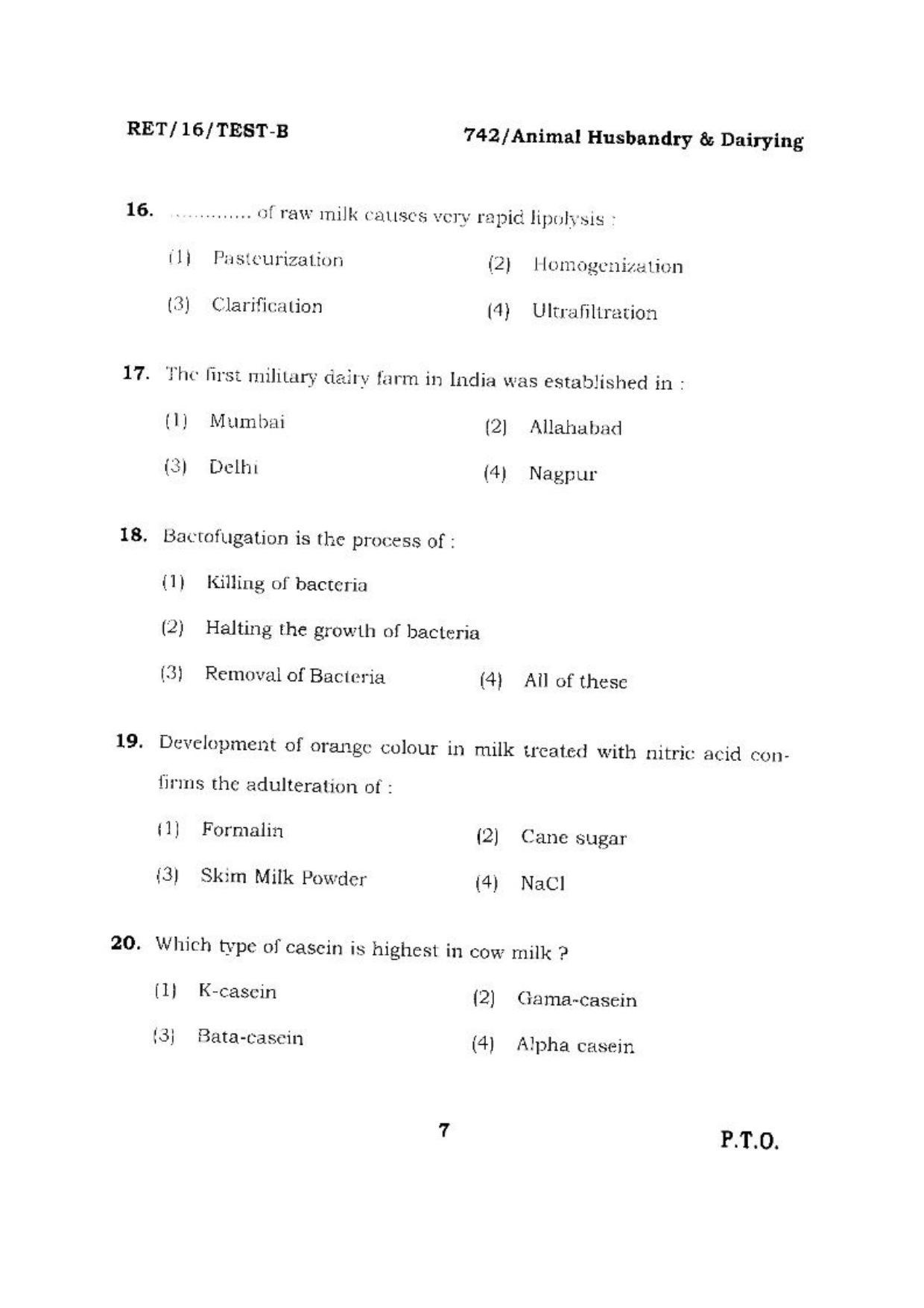 BHU RET (Agriculture) Animal Husbandry & Dairying 2016 Question Paper - Page 7