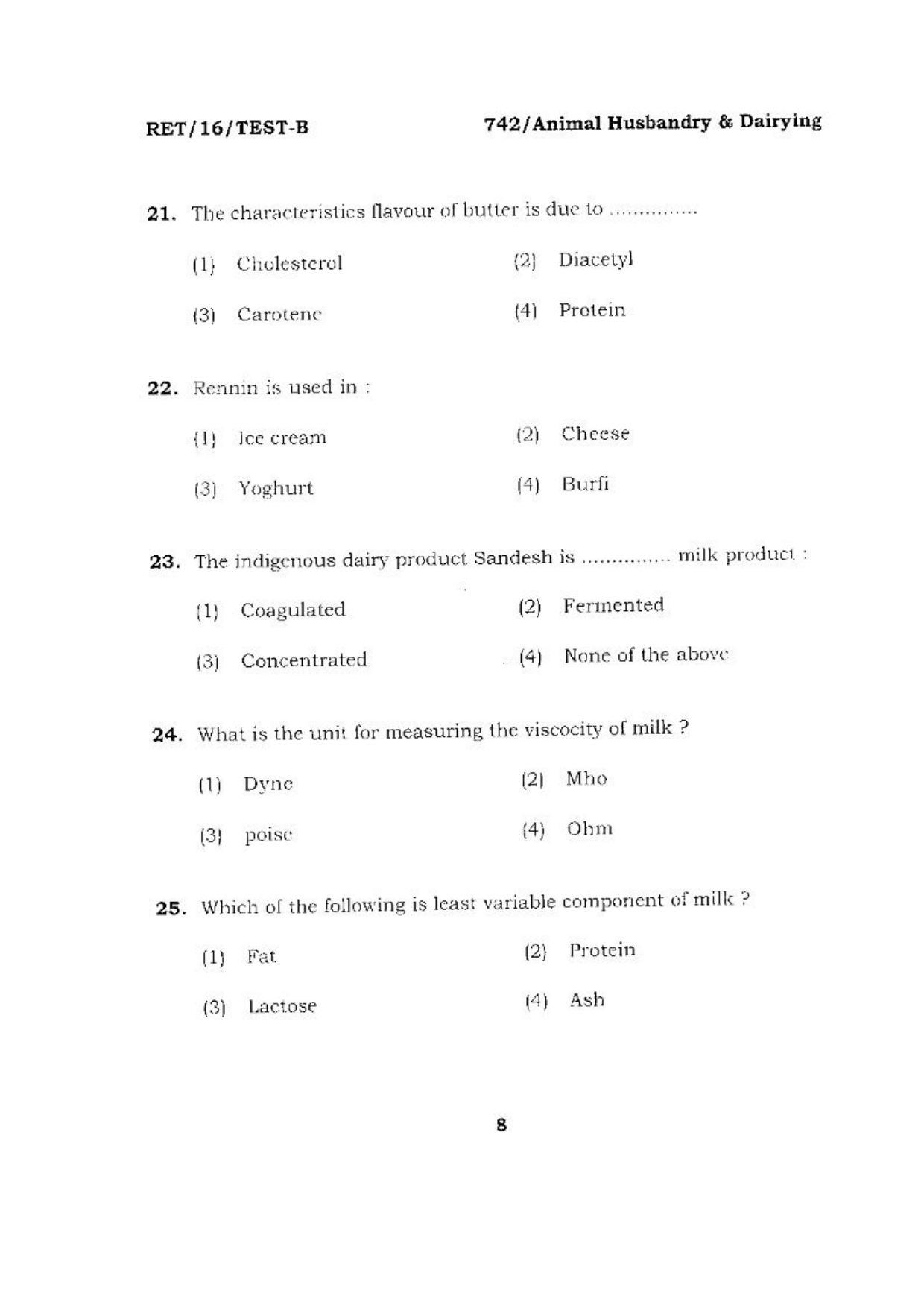 BHU RET (Agriculture) Animal Husbandry & Dairying 2016 Question Paper - Page 8