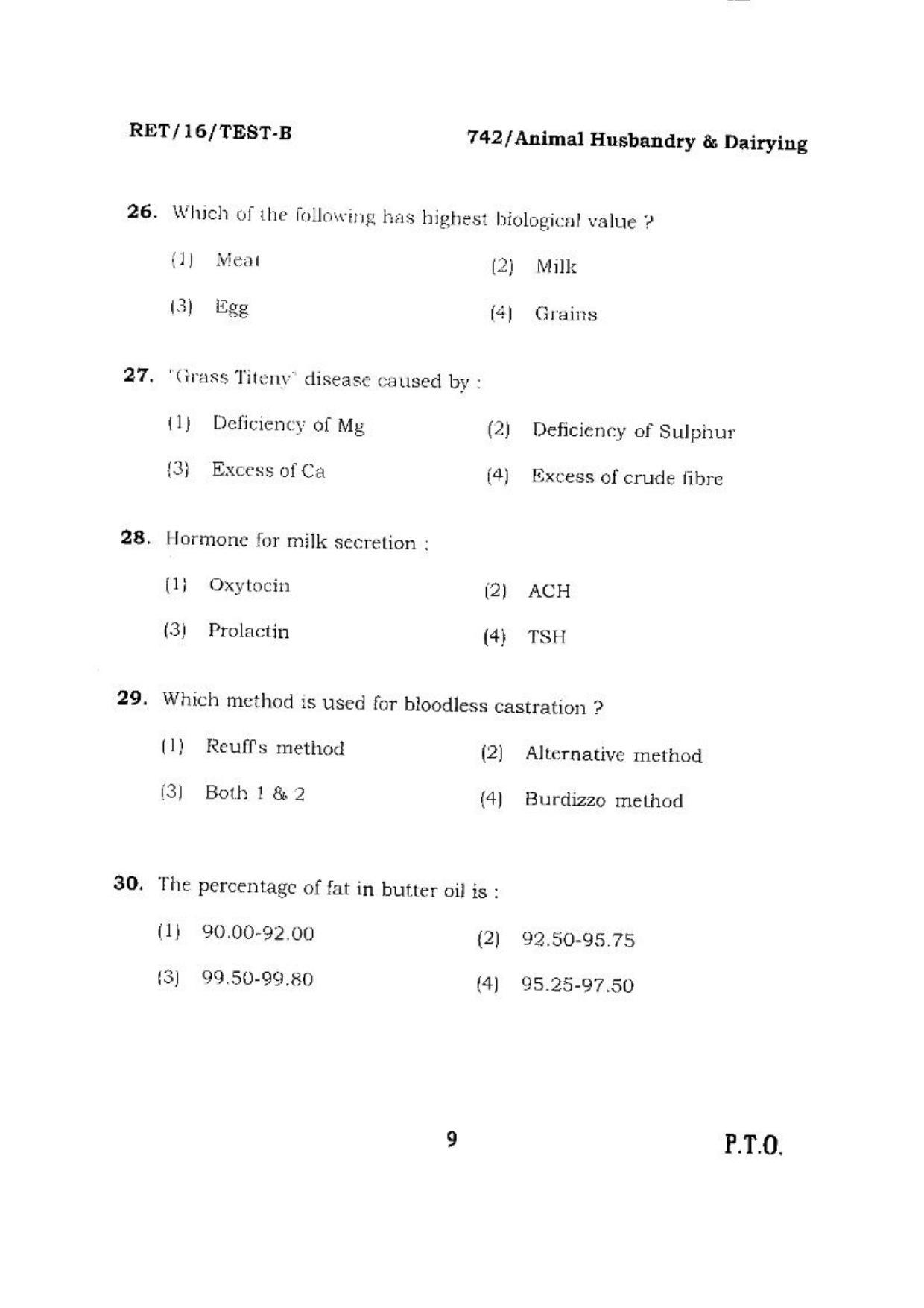 BHU RET (Agriculture) Animal Husbandry & Dairying 2016 Question Paper - Page 9