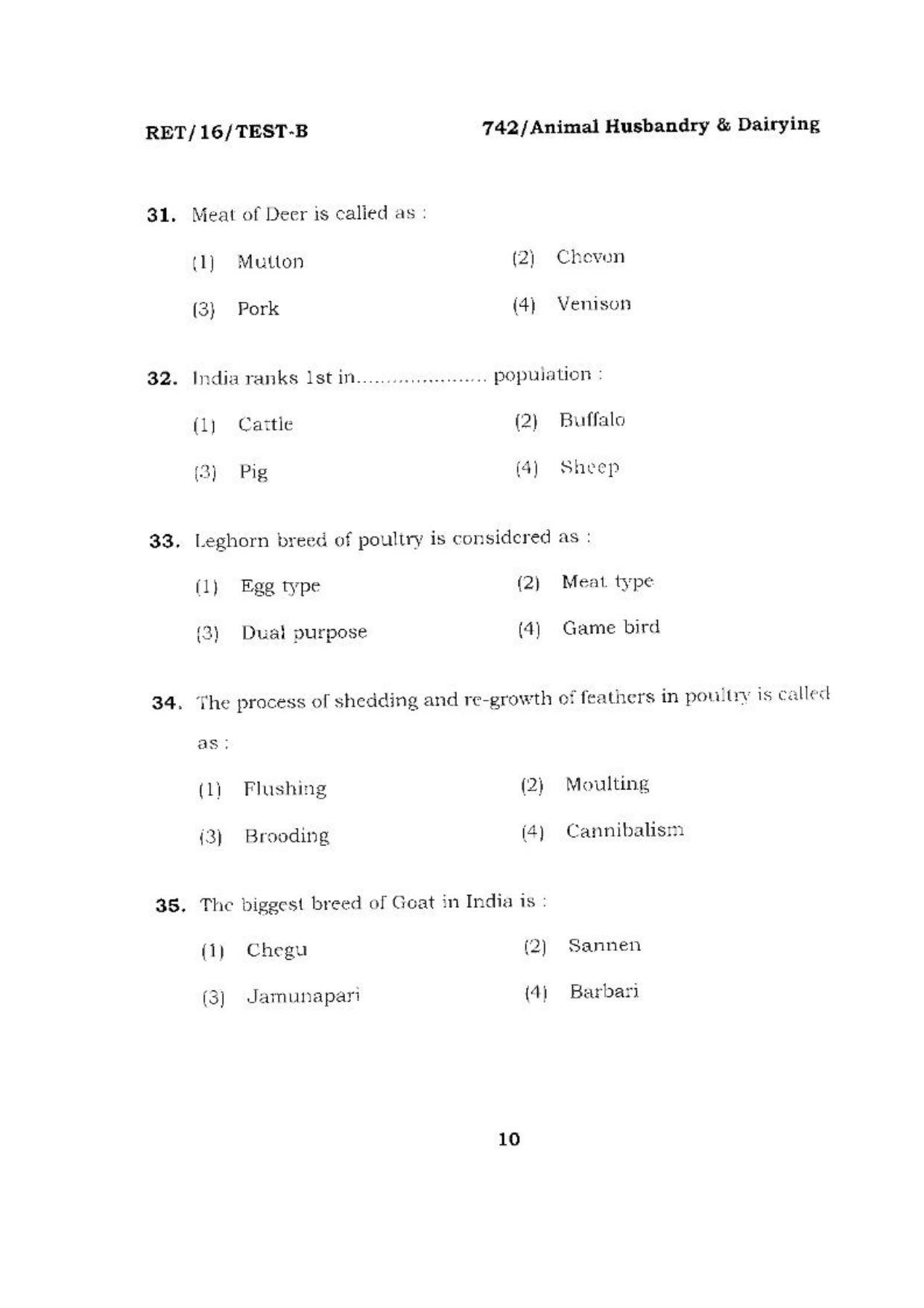 BHU RET (Agriculture) Animal Husbandry & Dairying 2016 Question Paper - Page 10
