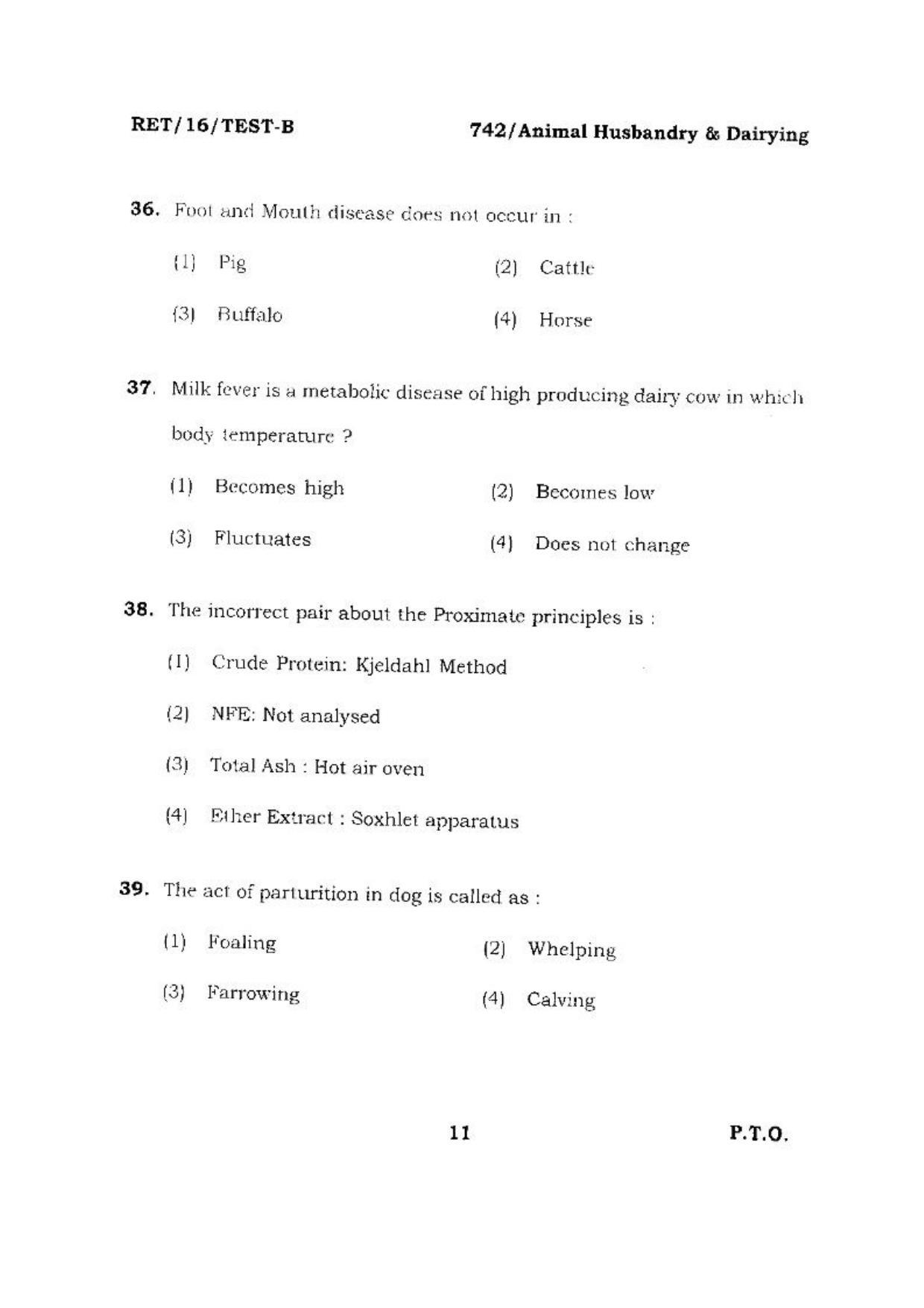 BHU RET (Agriculture) Animal Husbandry & Dairying 2016 Question Paper - Page 11