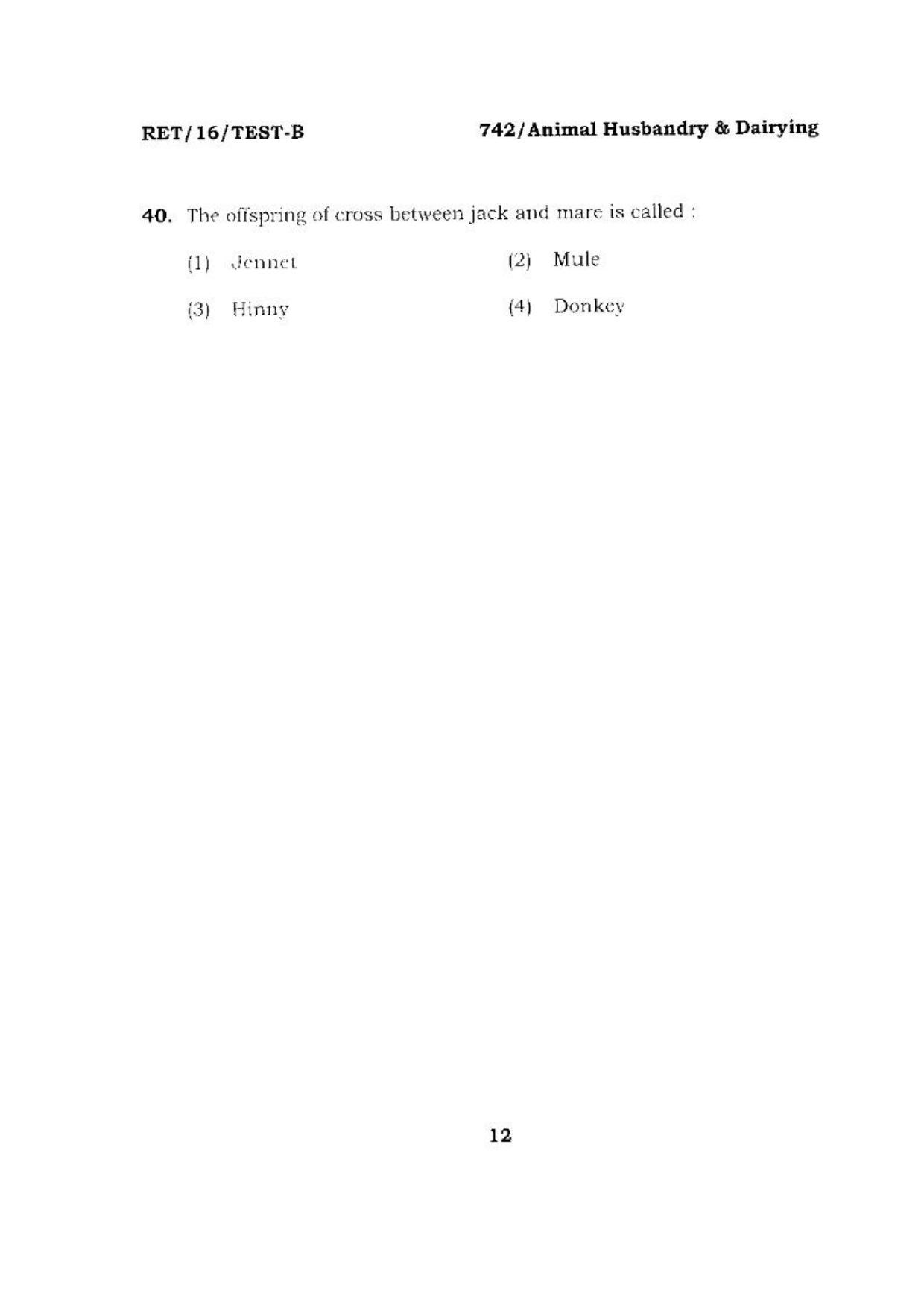 BHU RET (Agriculture) Animal Husbandry & Dairying 2016 Question Paper - Page 12
