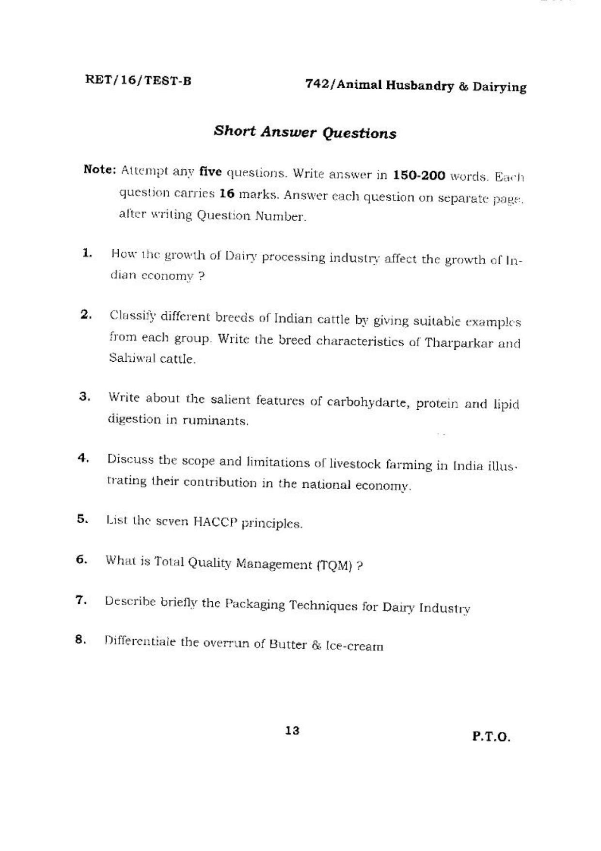 BHU RET (Agriculture) Animal Husbandry & Dairying 2016 Question Paper - Page 13