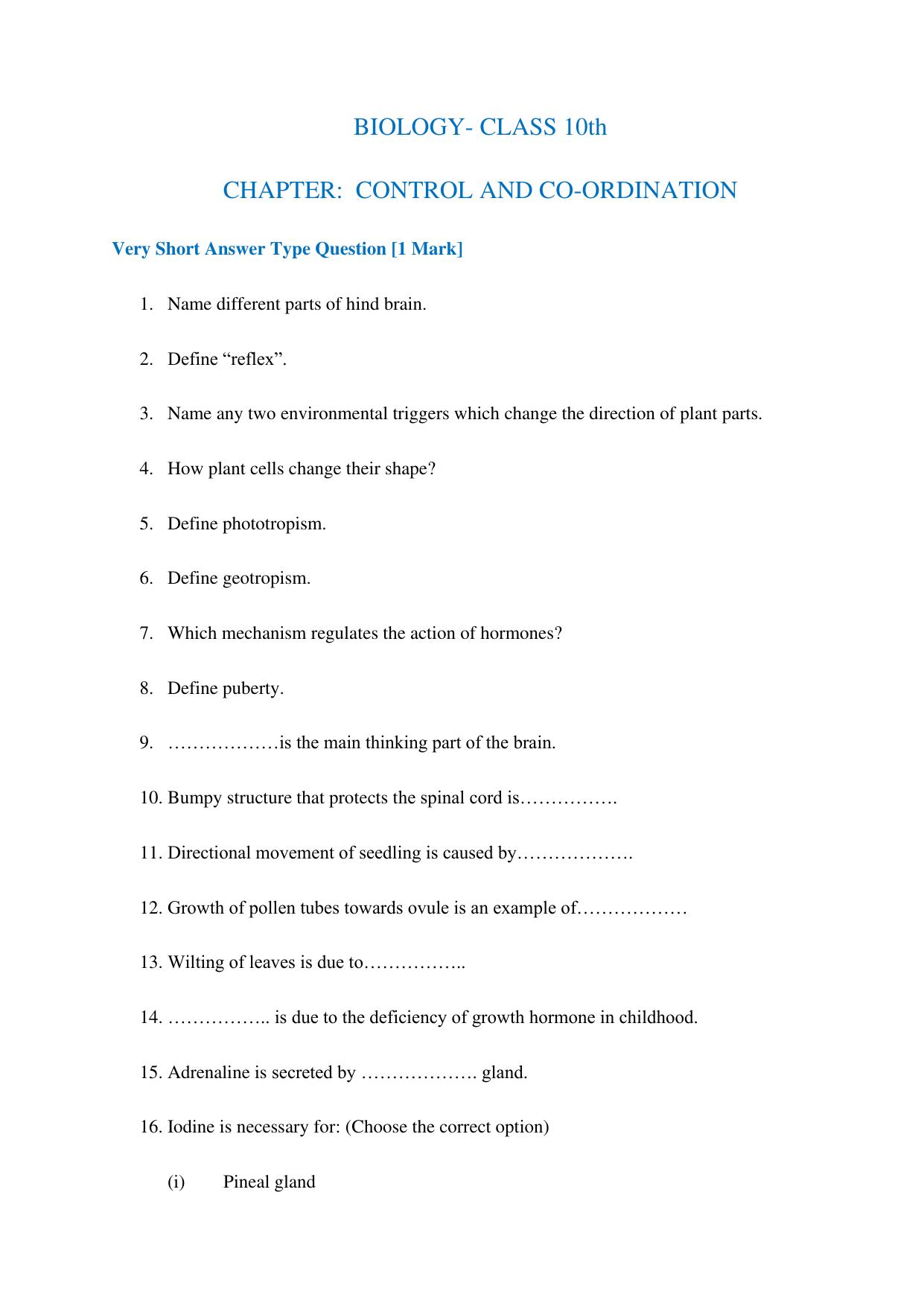 JKBOSE Class 10 CONTROL AND COORDINATION Question Bank - Page 1