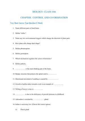 JKBOSE Class 10 CONTROL AND COORDINATION Question Bank