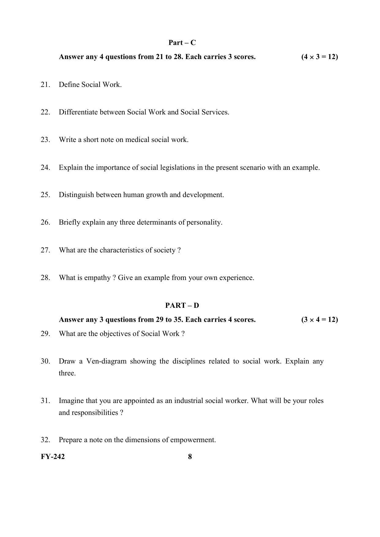 Kerala Plus One (Class 11th) Social Work Question Paper 2021 - Page 8