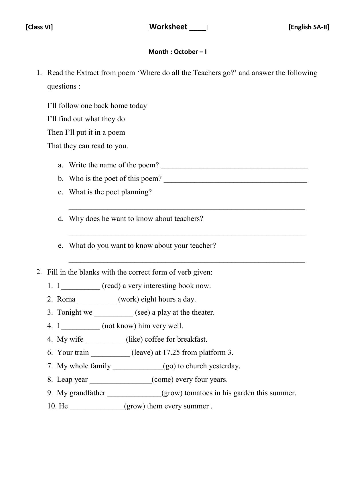 CBSE Worksheets for Class 6 English SA2 Practice Assignment 7 - Page 1