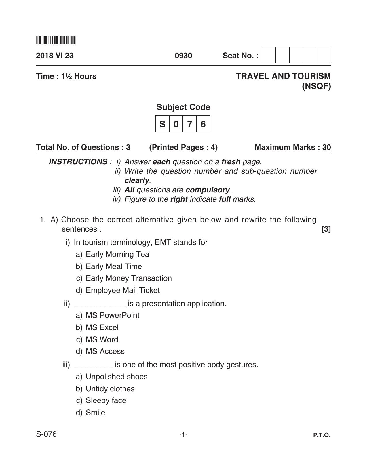 Goa Board Class 10 Travel & Tourism  076 Nsqf (June 2018) Question Paper - Page 1