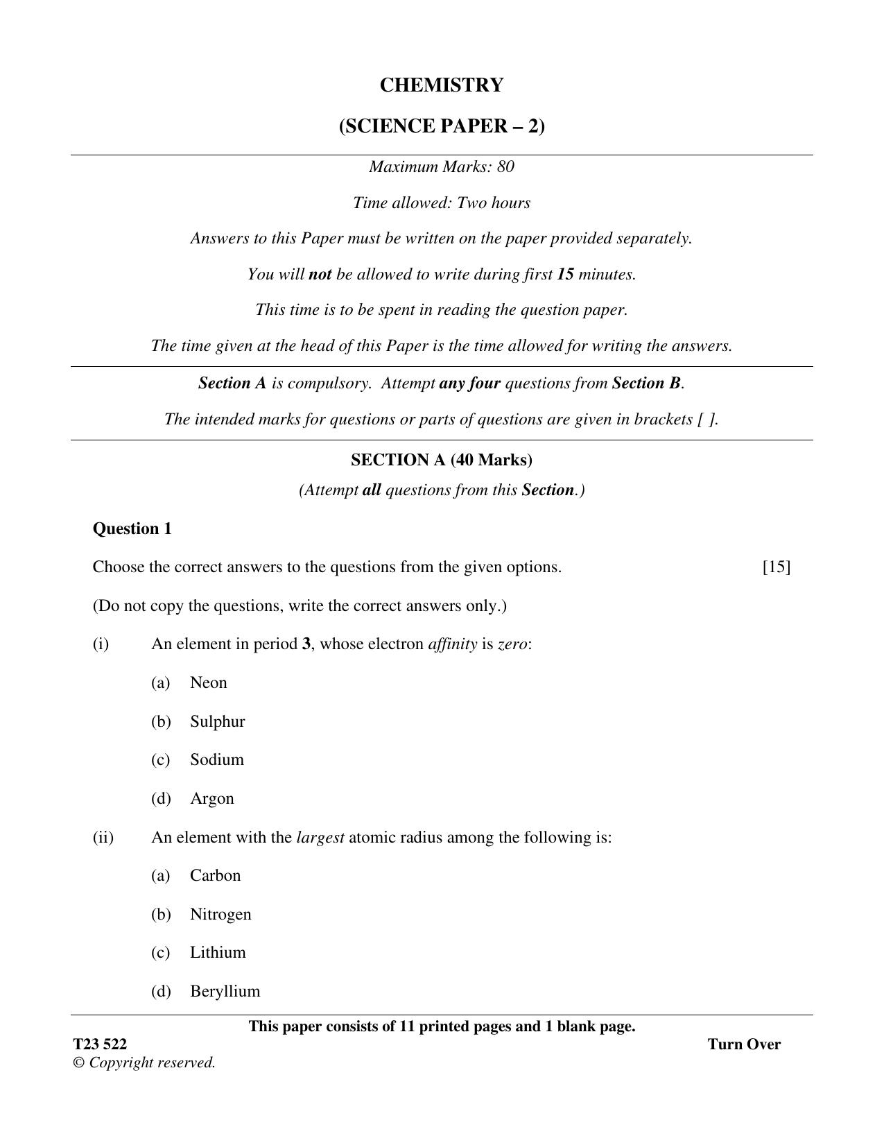ICSE Class 10 CHEMISTRY (SCIENCE PAPER 2) 2023 Question Paper - Page 1