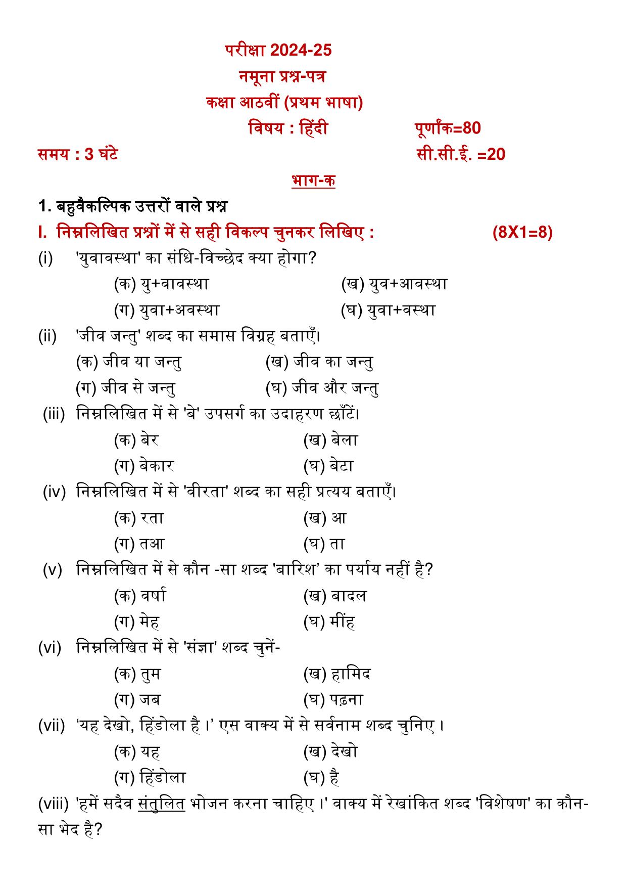 PSEB 8th Hindi 1st Language Model Paper 2025 - Page 1