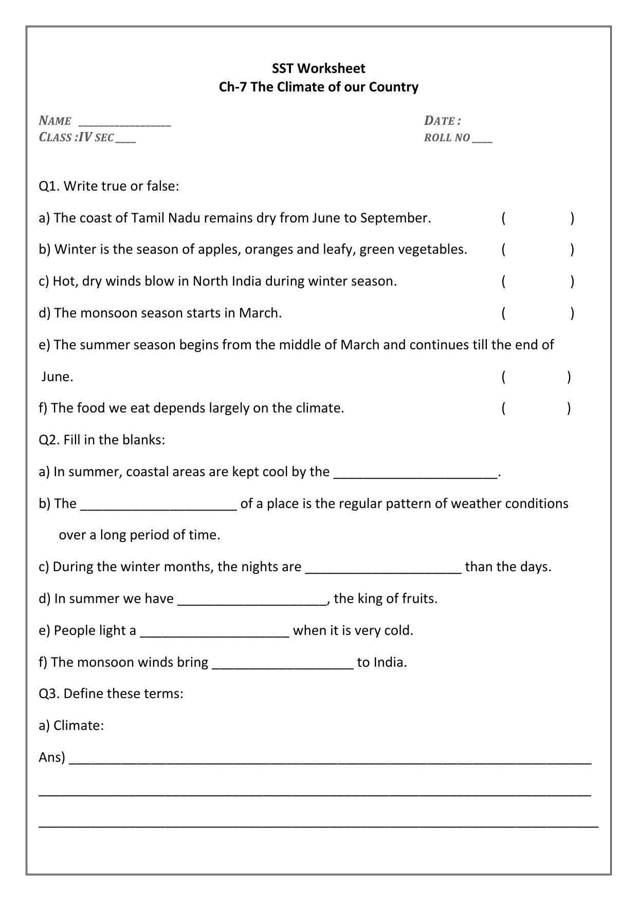 Worksheet for Class 4 Social Science The Climate Of Our Country Assignment 2 - Page 1