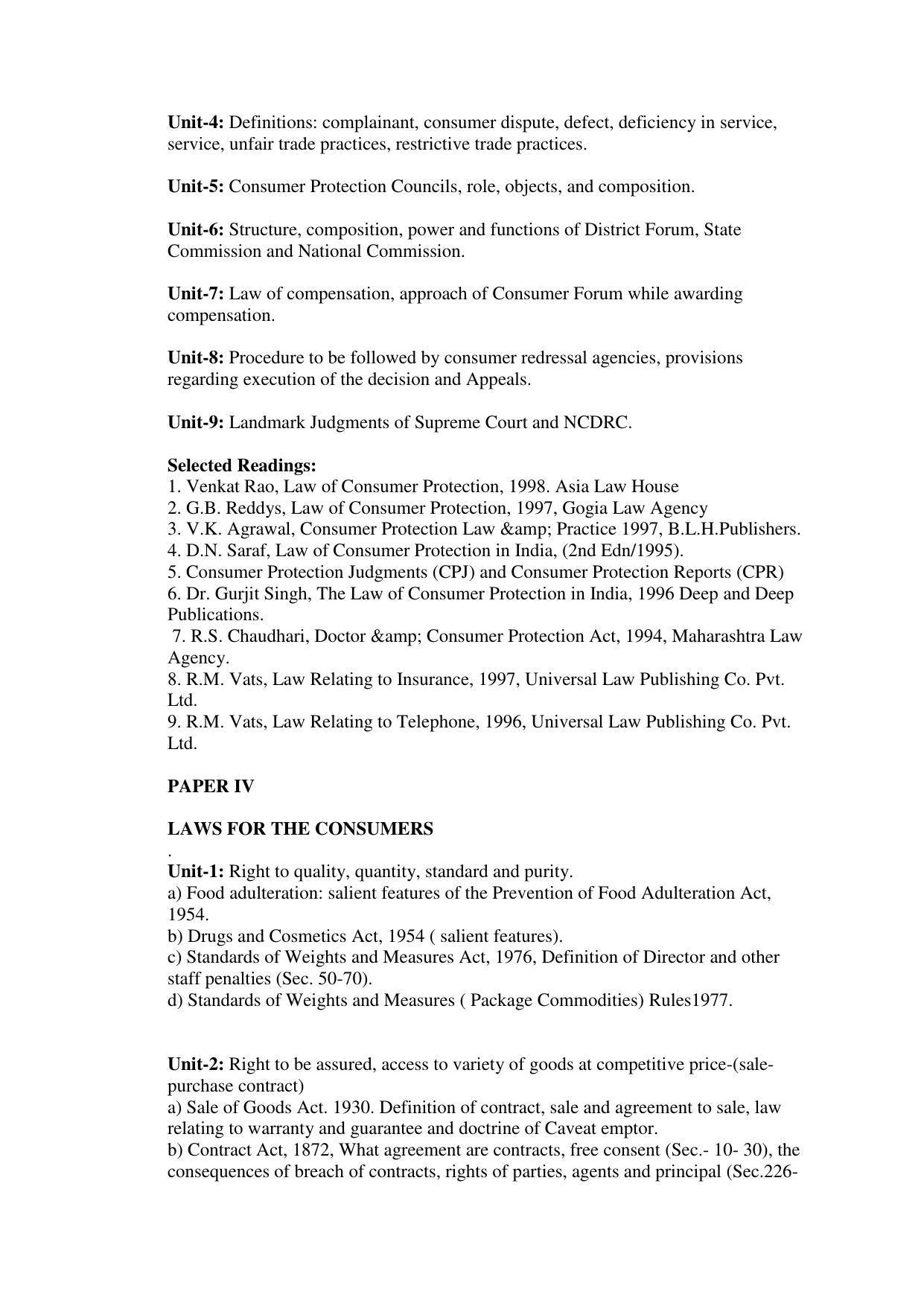 RTMNU Post Graduate Teaching Department of Law of POST GRADUATE DIPLOMA IN COSUMER LAW (PGDCL) (POST GRADUATE DIPLOMA IN LAWS) Syllabus. - Page 69