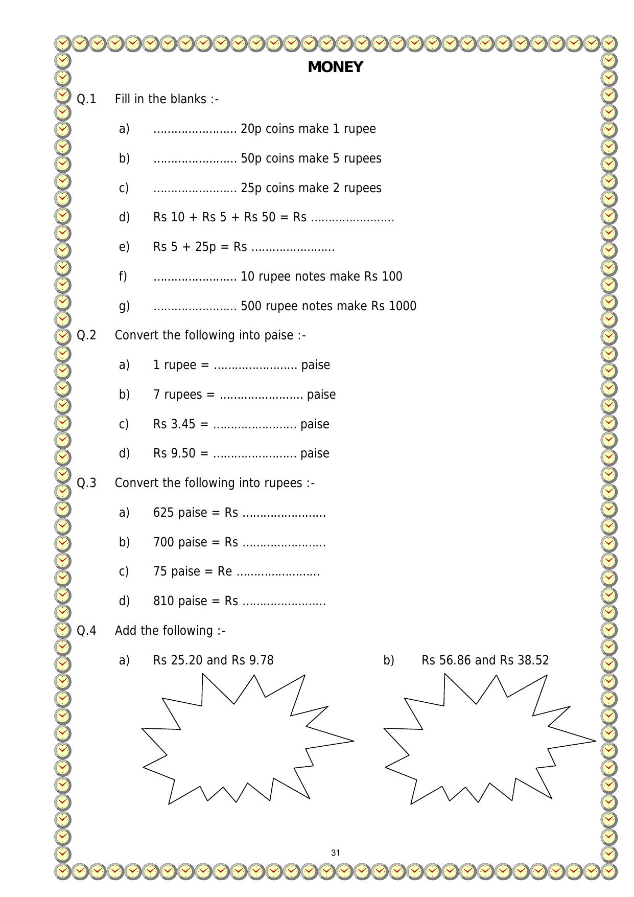 Worksheet for Class 1 Maths Assignment 10 - Page 1