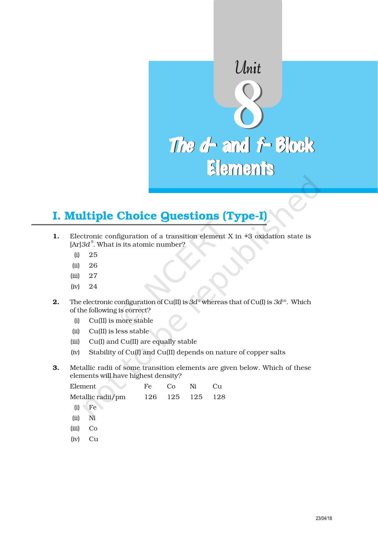 NCERT Exemplar Book for Class 12 Chemistry: Chapter 8 The d- and f- Block Elements - Page 1