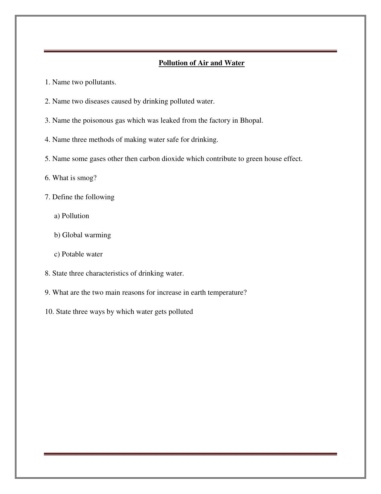 CBSE Worksheets for Class 8 Science Pollution of Air and Water Assignment - Page 1