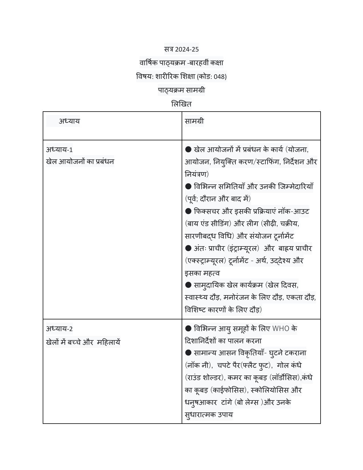Edudel Class 12 Physical Education (Hindi Medium) Syllabus 2025 - Page 1