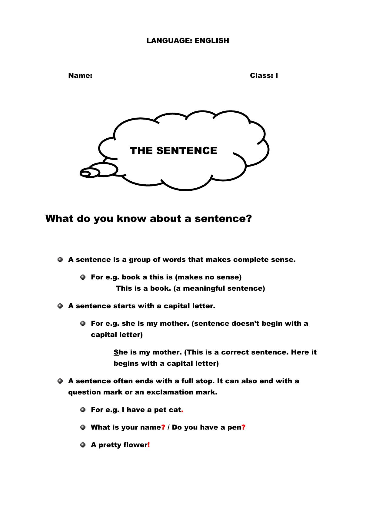 Class 1 English Practice Worksheets-The Sentence - Page 1