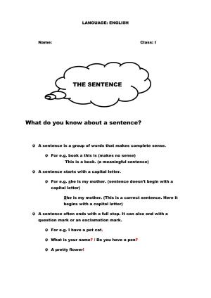 Class 1 English Practice Worksheets-The Sentence