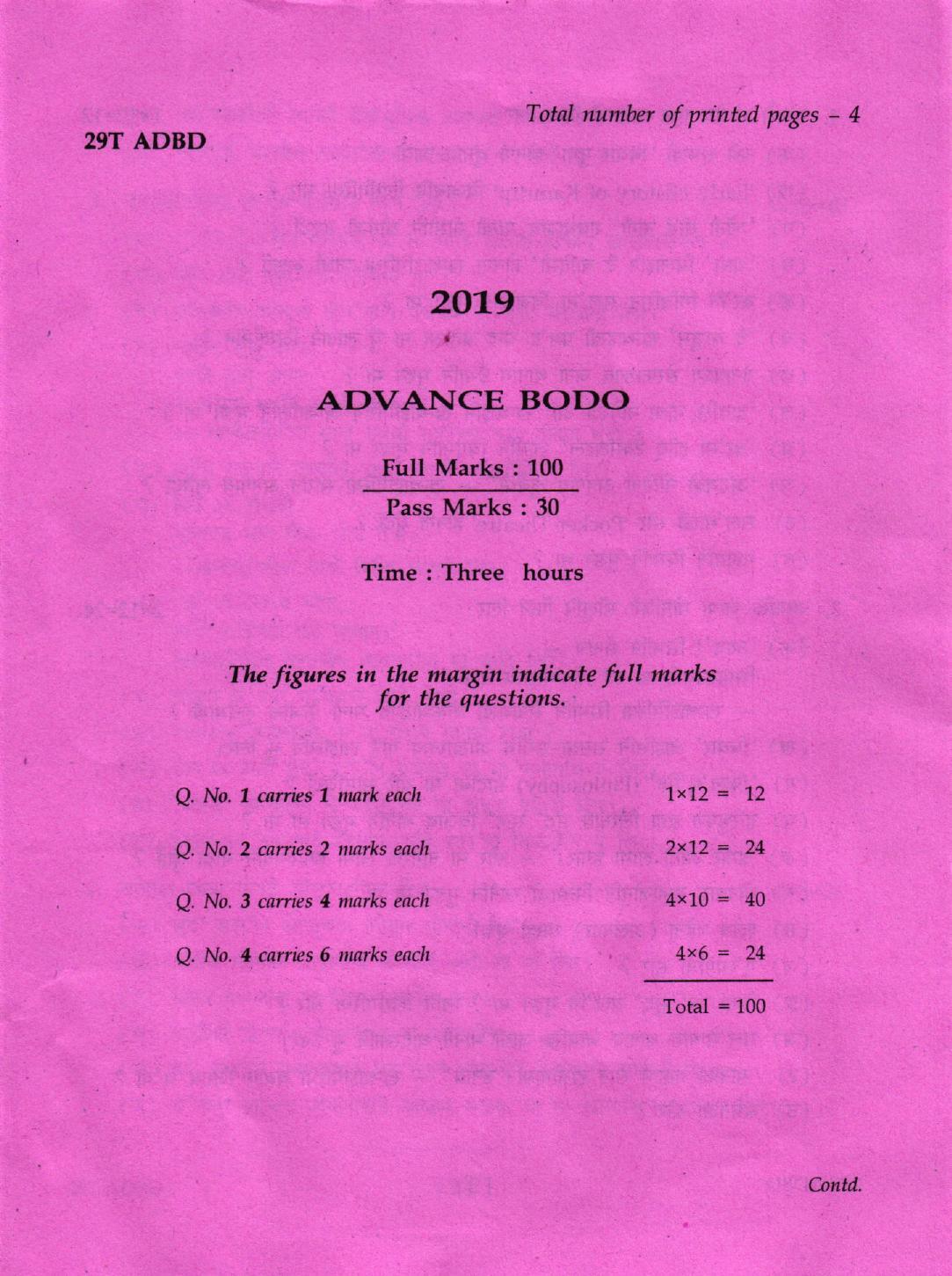 AHSEC Class 12 Advance Bodo 2019 Question Papers  - Page 1