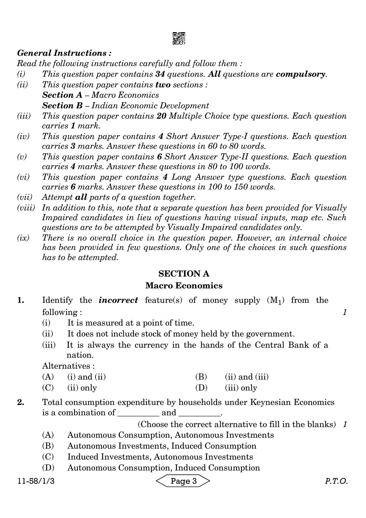CBSE Class 12 58-1-3 Economics 2024 Question Paper - Page 3