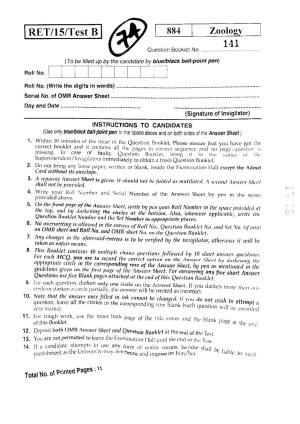 BHU RET ZOOLOGY 2015 Question Paper