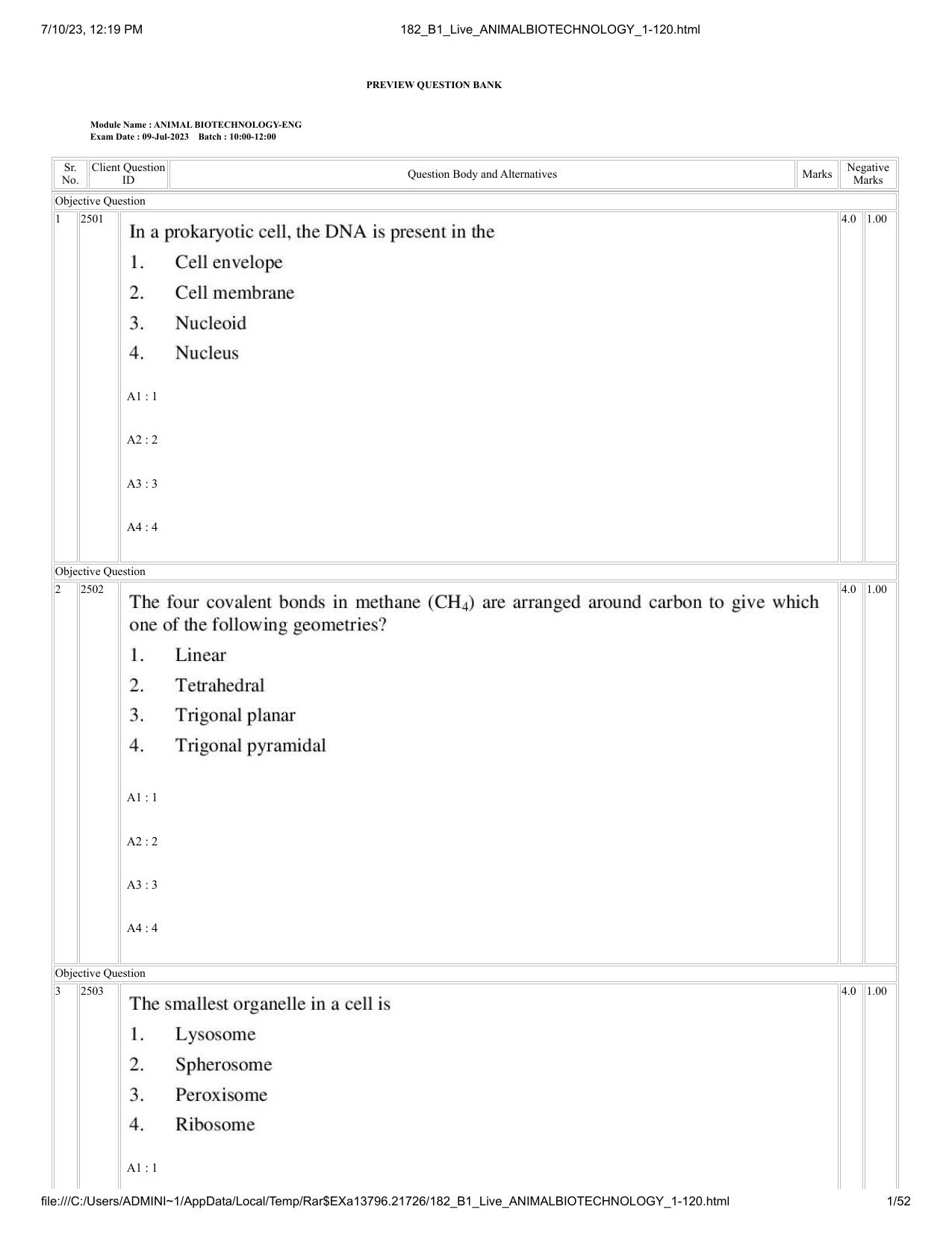ICAR AIEEA PG 2023 ANIMAL BIOTECHNOLOGY Question Paper - Page 1