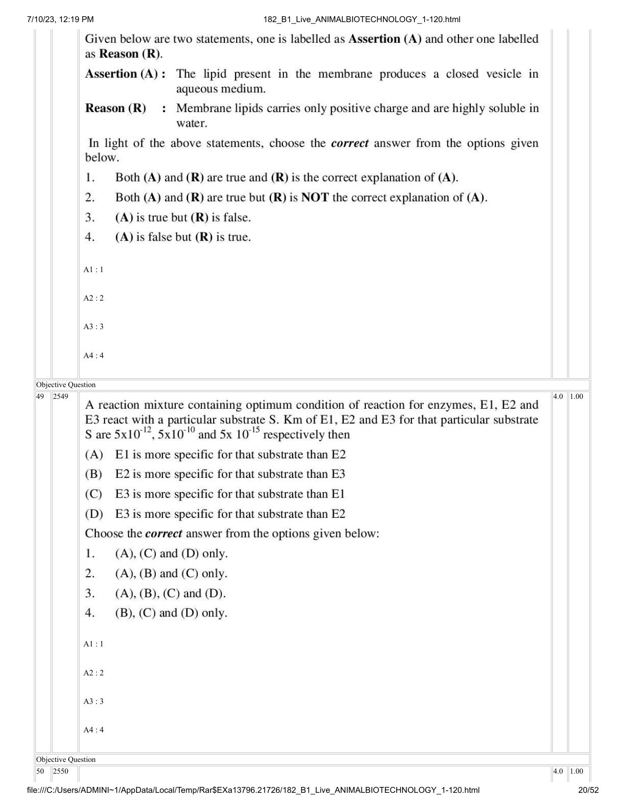 ICAR AIEEA PG 2023 ANIMAL BIOTECHNOLOGY Question Paper - Page 20
