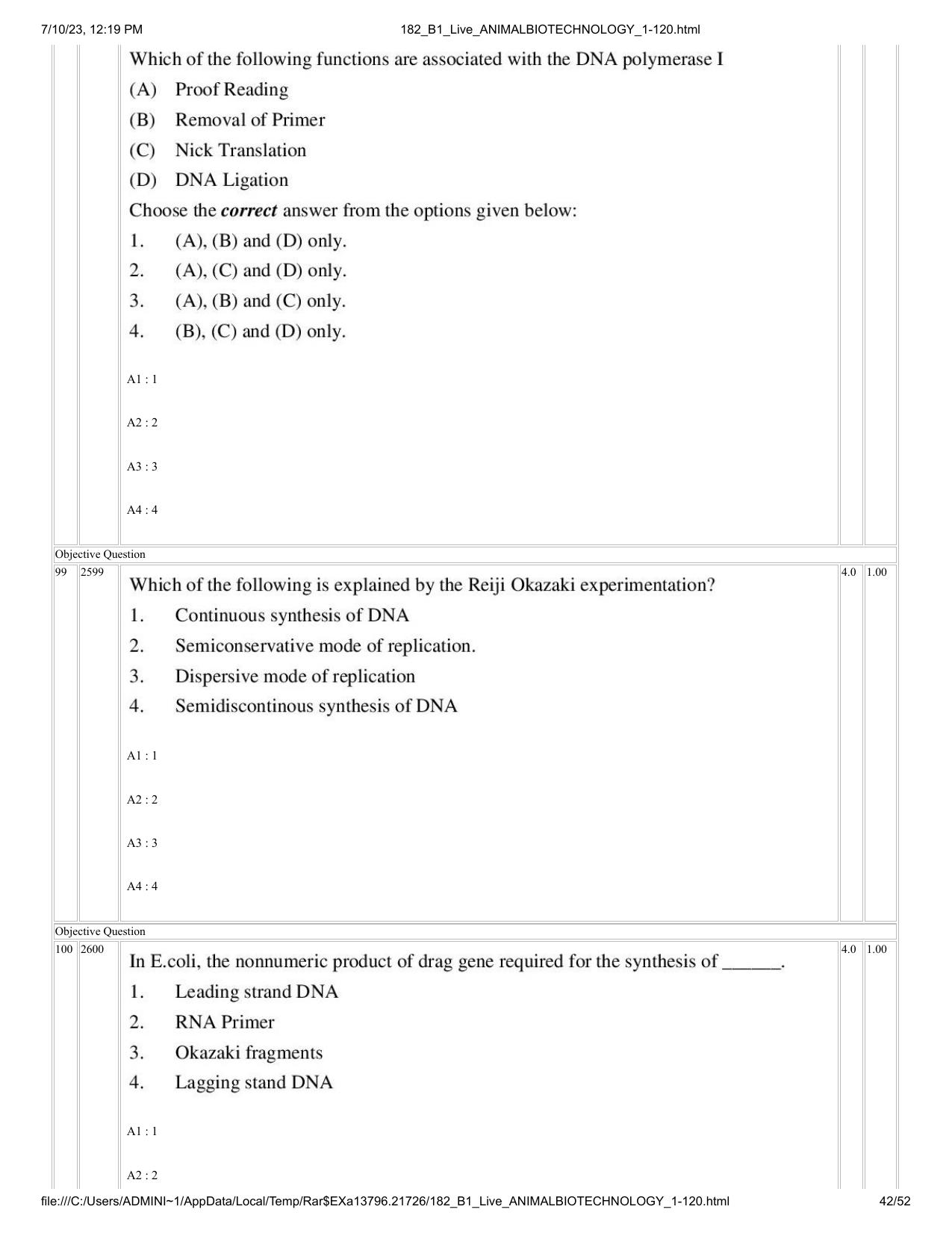 ICAR AIEEA PG 2023 ANIMAL BIOTECHNOLOGY Question Paper - Page 42