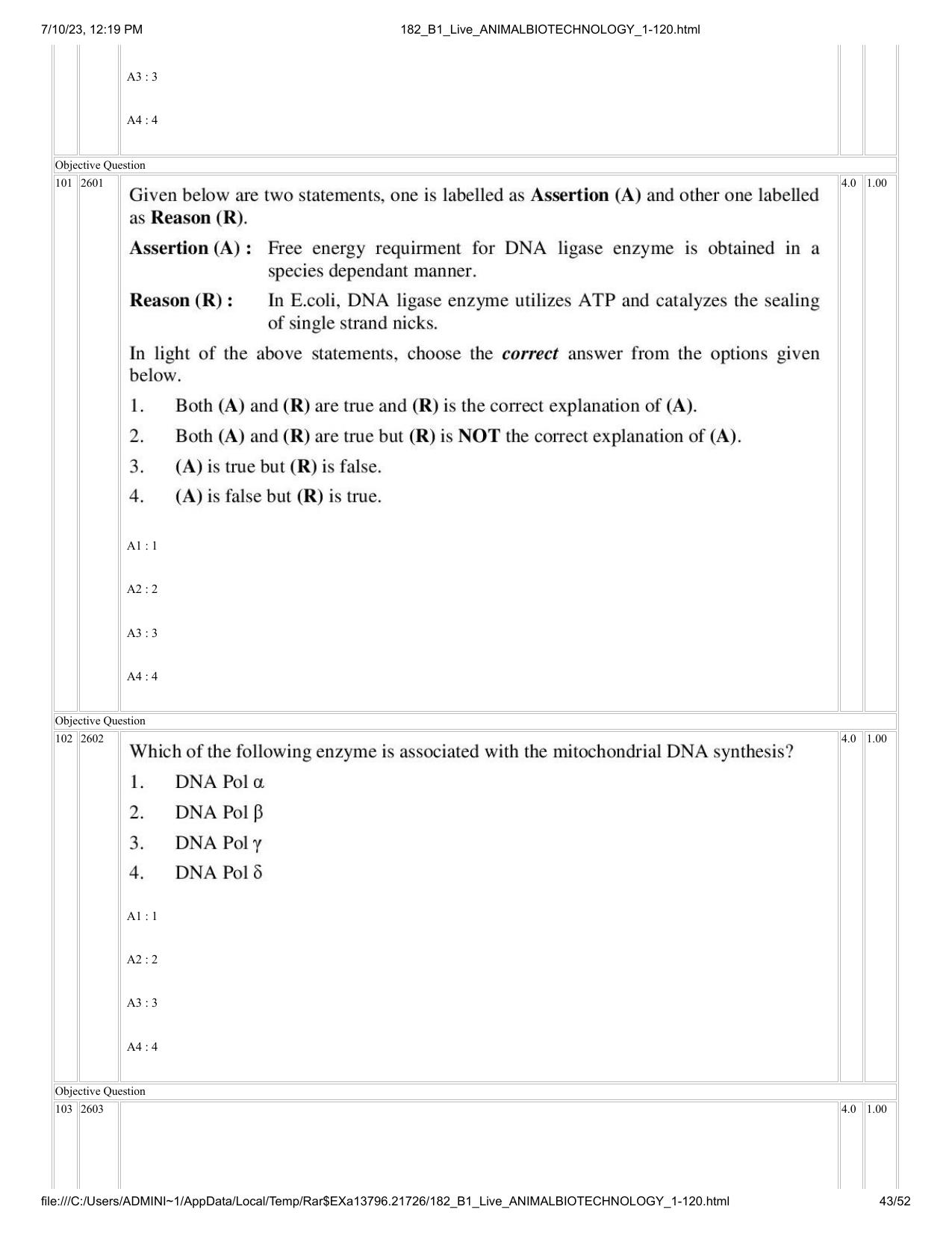 ICAR AIEEA PG 2023 ANIMAL BIOTECHNOLOGY Question Paper - Page 43