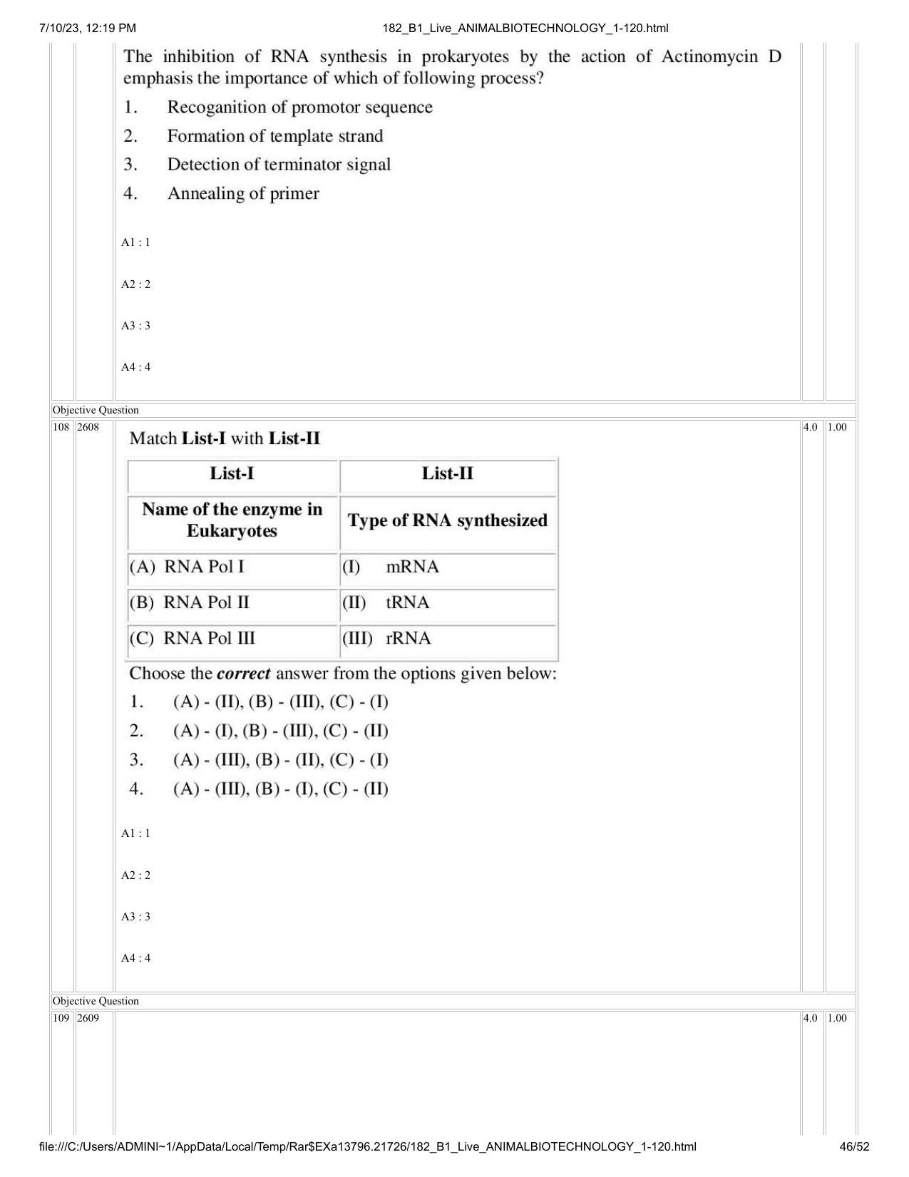 ICAR AIEEA PG 2023 ANIMAL BIOTECHNOLOGY Question Paper - Page 46