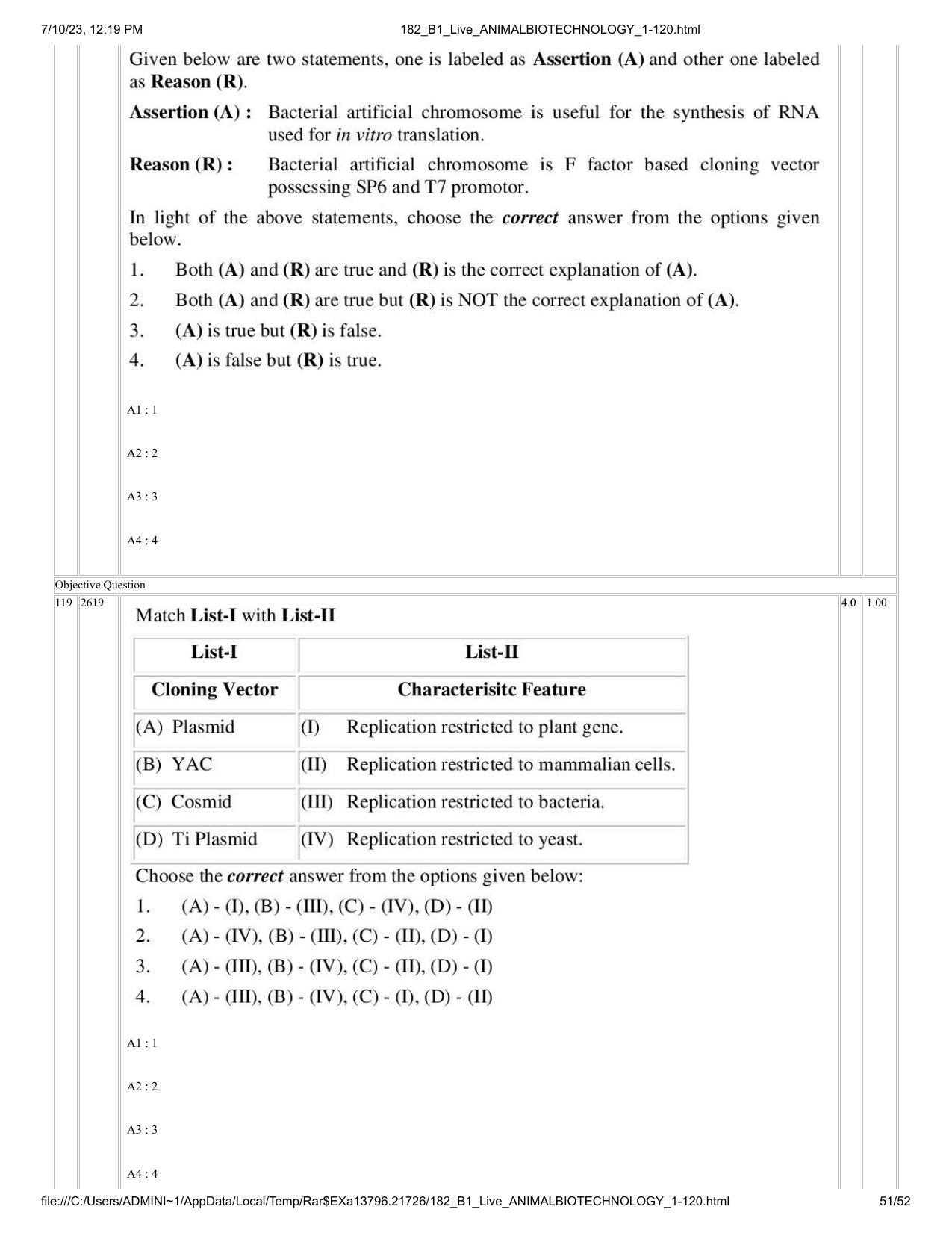 ICAR AIEEA PG 2023 ANIMAL BIOTECHNOLOGY Question Paper - Page 51