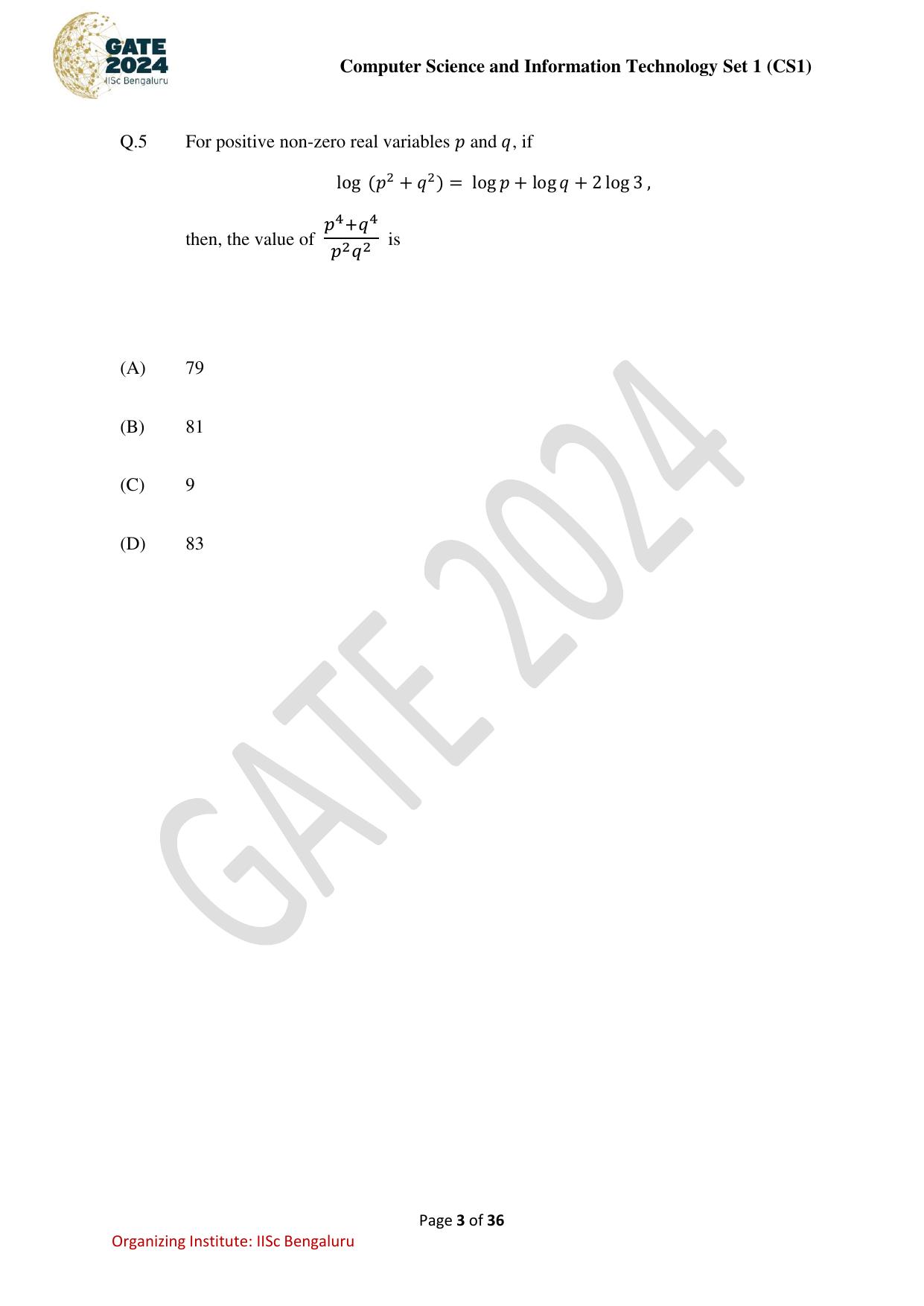 GATE 2024 Computer Science and Information Technology (CS-1) (Forenoon) Question Paper - Page 3