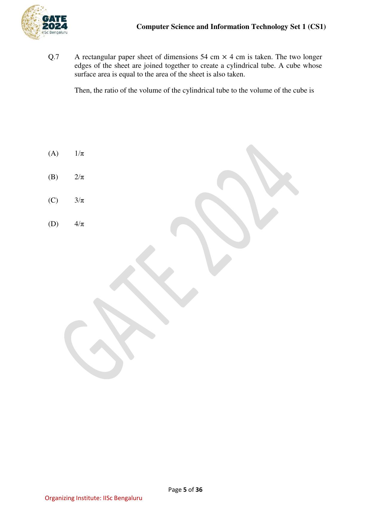 GATE 2024 Computer Science and Information Technology (CS-1) (Forenoon) Question Paper - Page 5