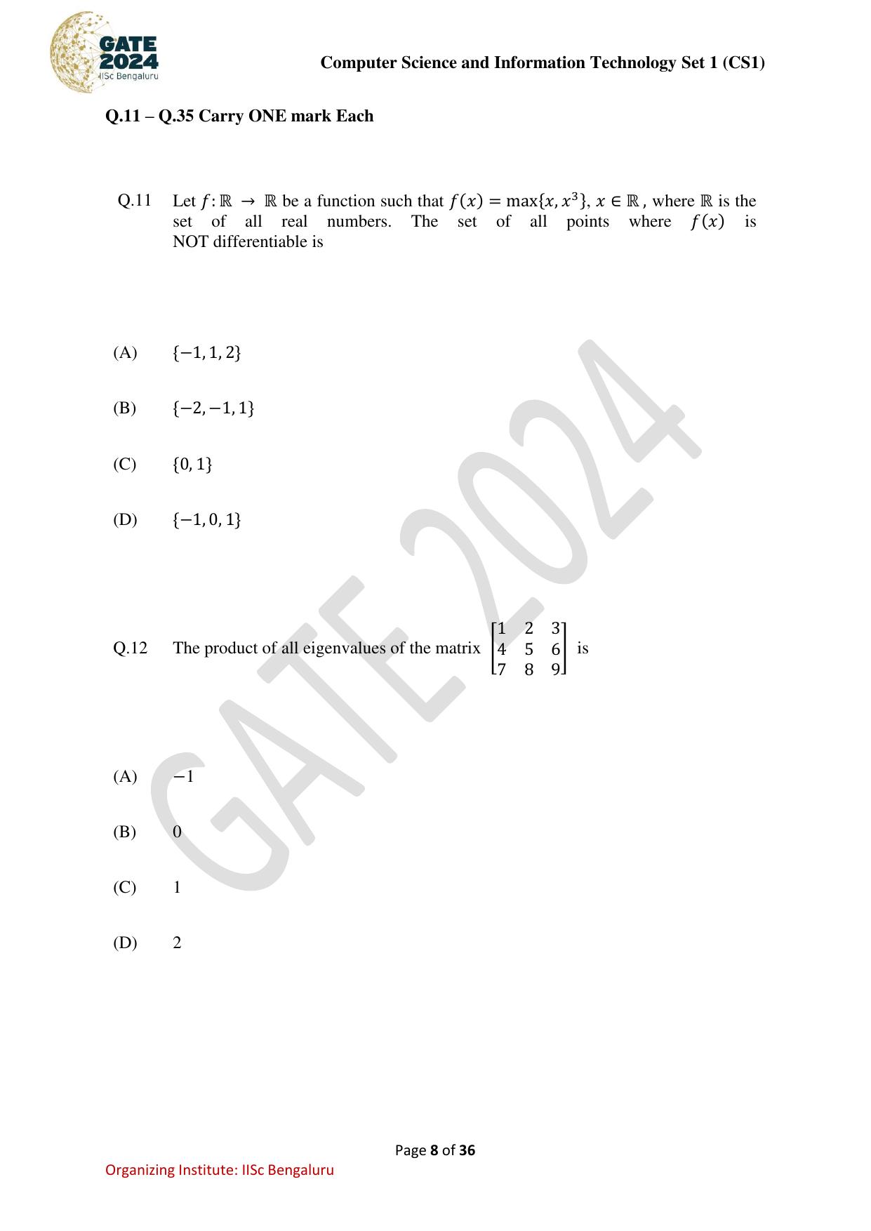 GATE 2024 Computer Science and Information Technology (CS-1) (Forenoon) Question Paper - Page 8