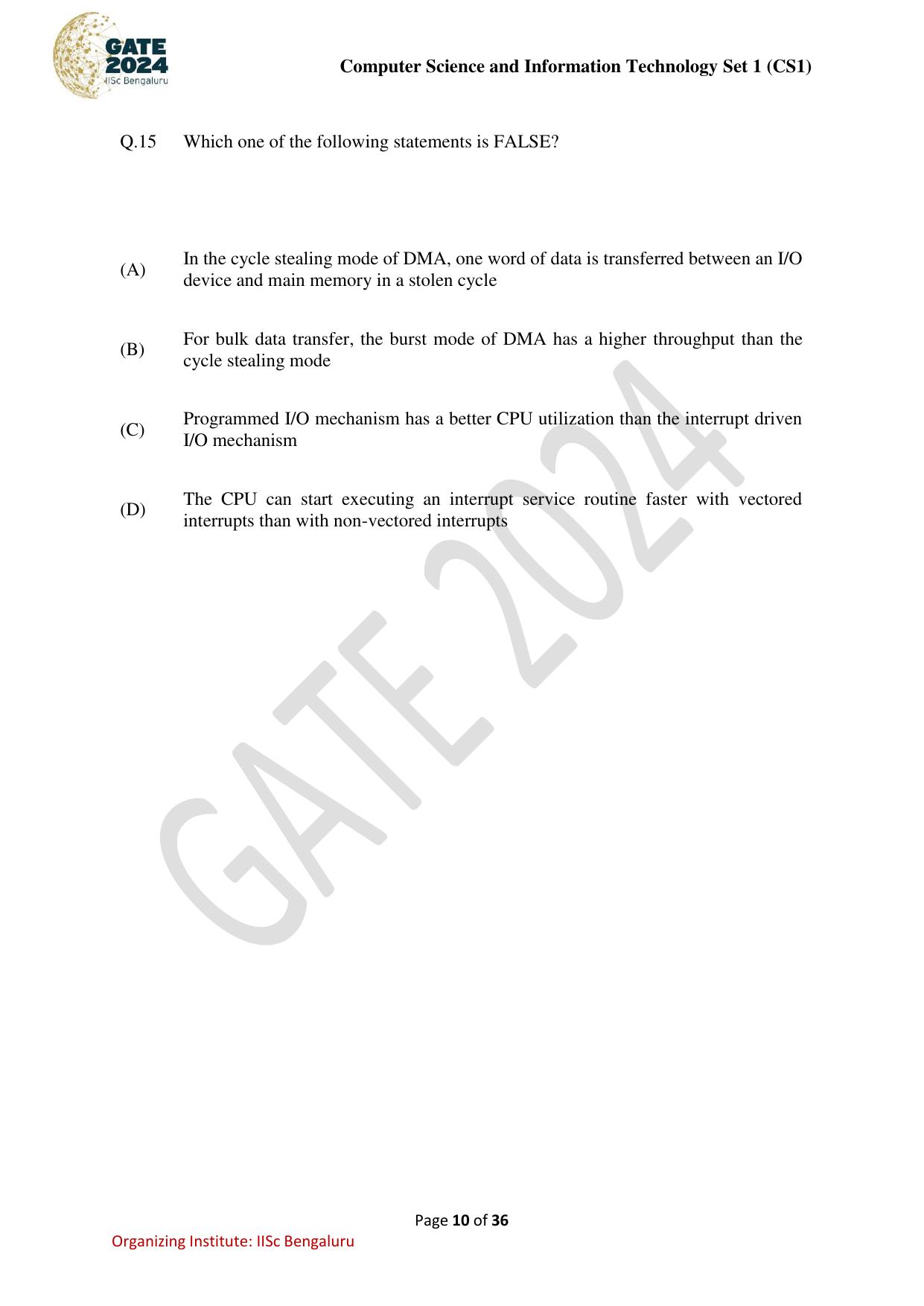 GATE 2024 Computer Science and Information Technology (CS-1) (Forenoon) Question Paper - Page 10