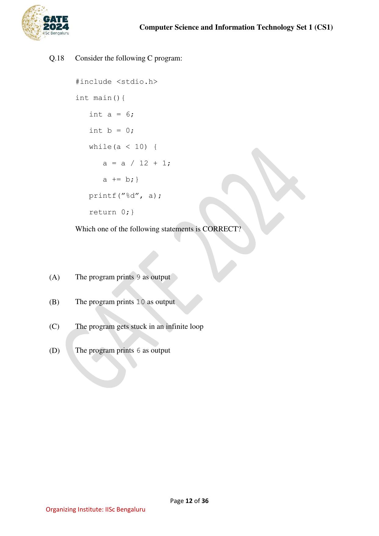 GATE 2024 Computer Science and Information Technology (CS-1) (Forenoon) Question Paper - Page 12