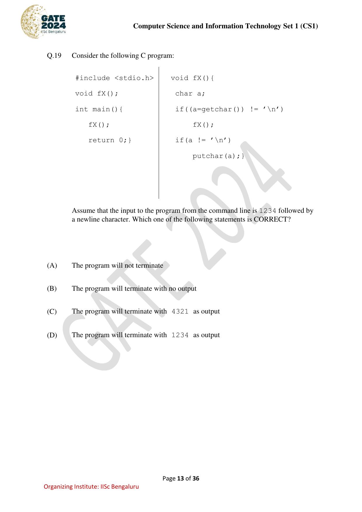 GATE 2024 Computer Science and Information Technology (CS-1) (Forenoon) Question Paper - Page 13