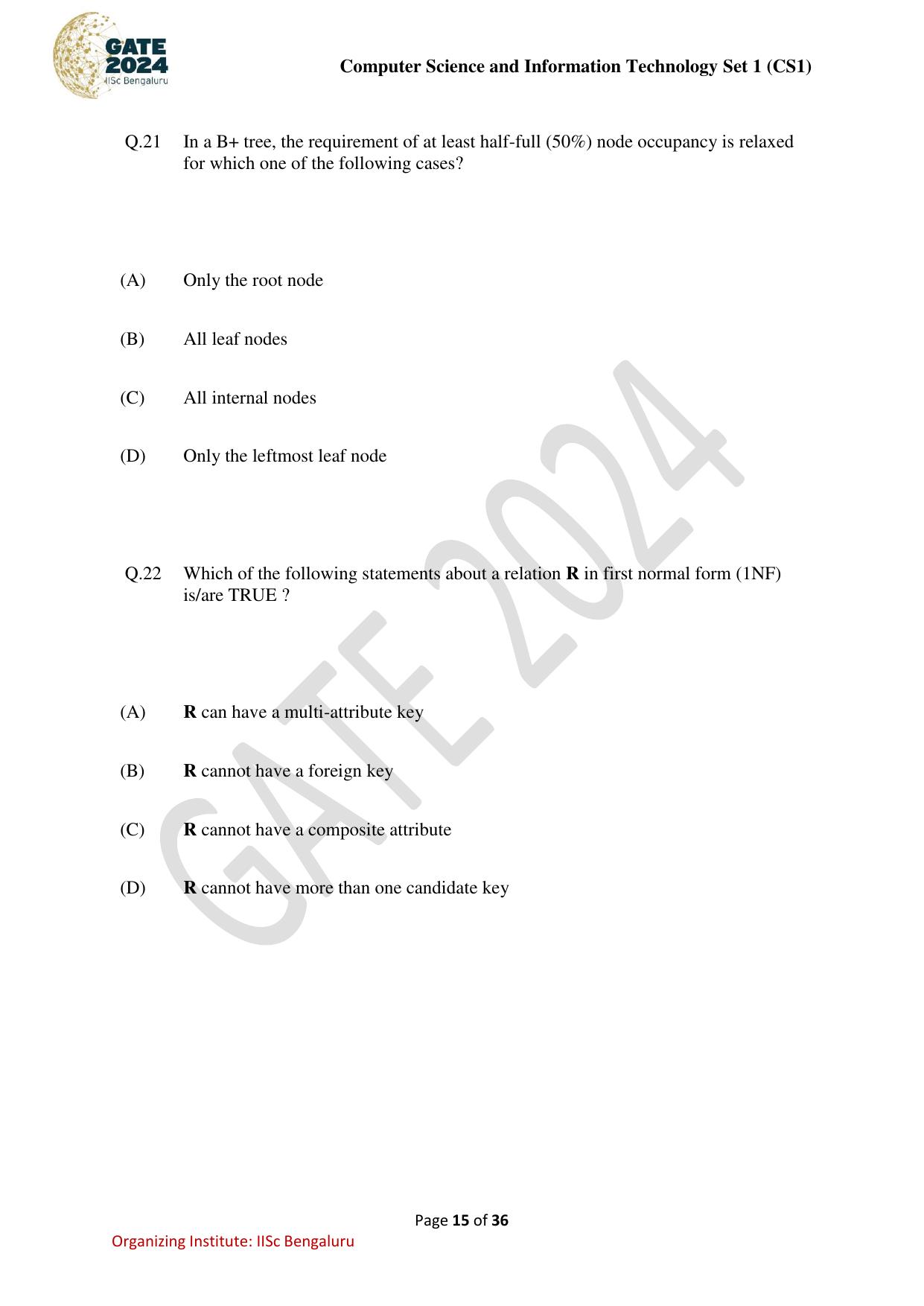 GATE 2024 Computer Science and Information Technology (CS-1) (Forenoon) Question Paper - Page 15