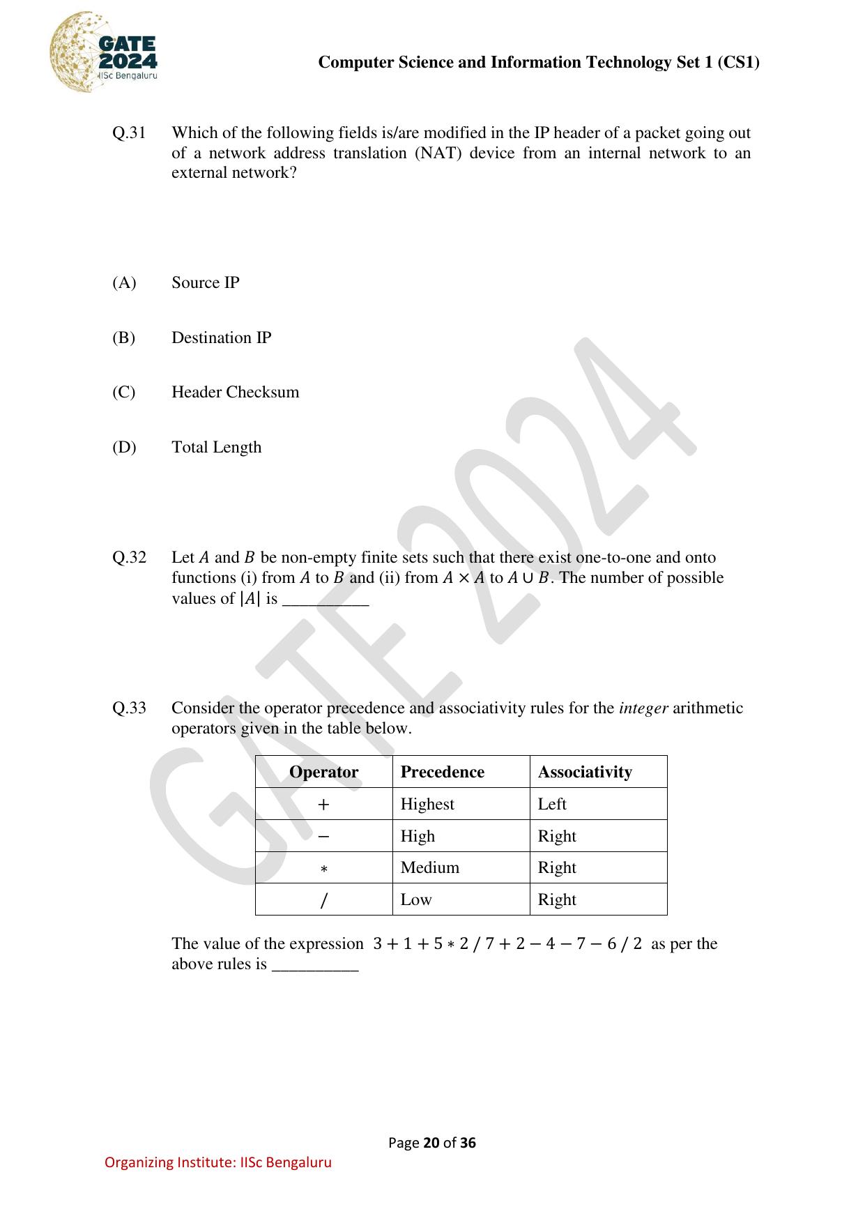 GATE 2024 Computer Science and Information Technology (CS-1) (Forenoon) Question Paper - Page 20