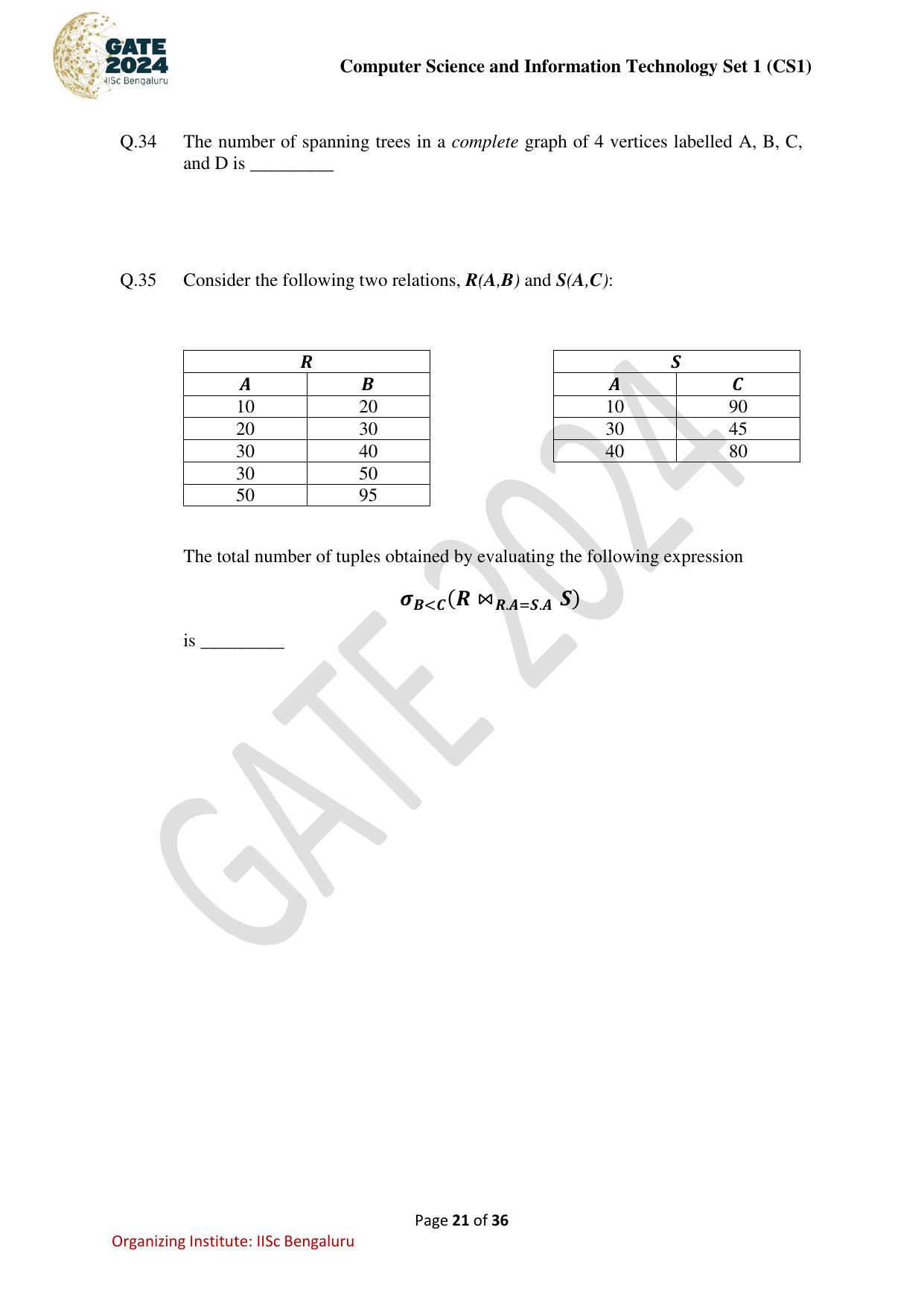 GATE 2024 Computer Science and Information Technology (CS-1) (Forenoon) Question Paper - Page 21