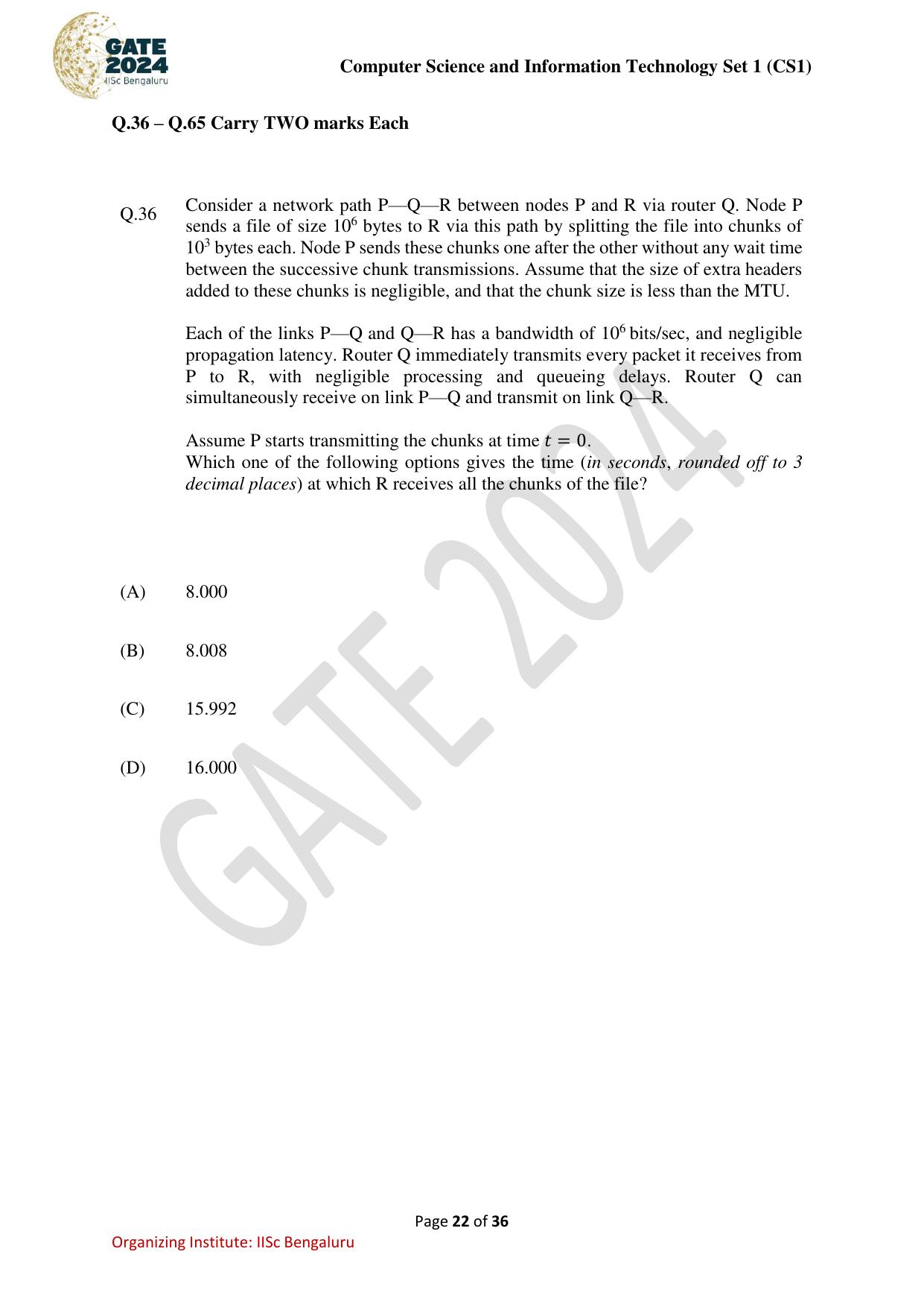 GATE 2024 Computer Science and Information Technology (CS-1) (Forenoon) Question Paper - Page 22
