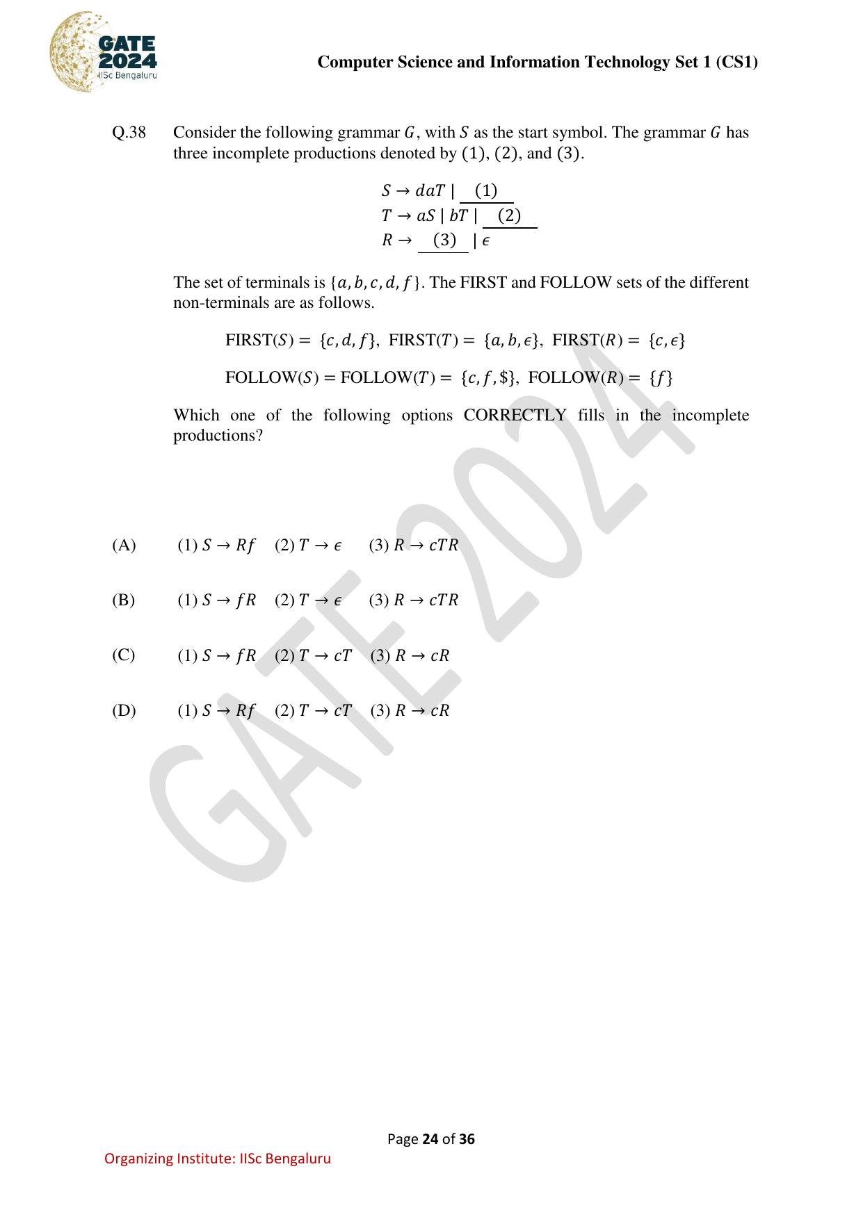 GATE 2024 Computer Science and Information Technology (CS-1) (Forenoon) Question Paper - Page 24