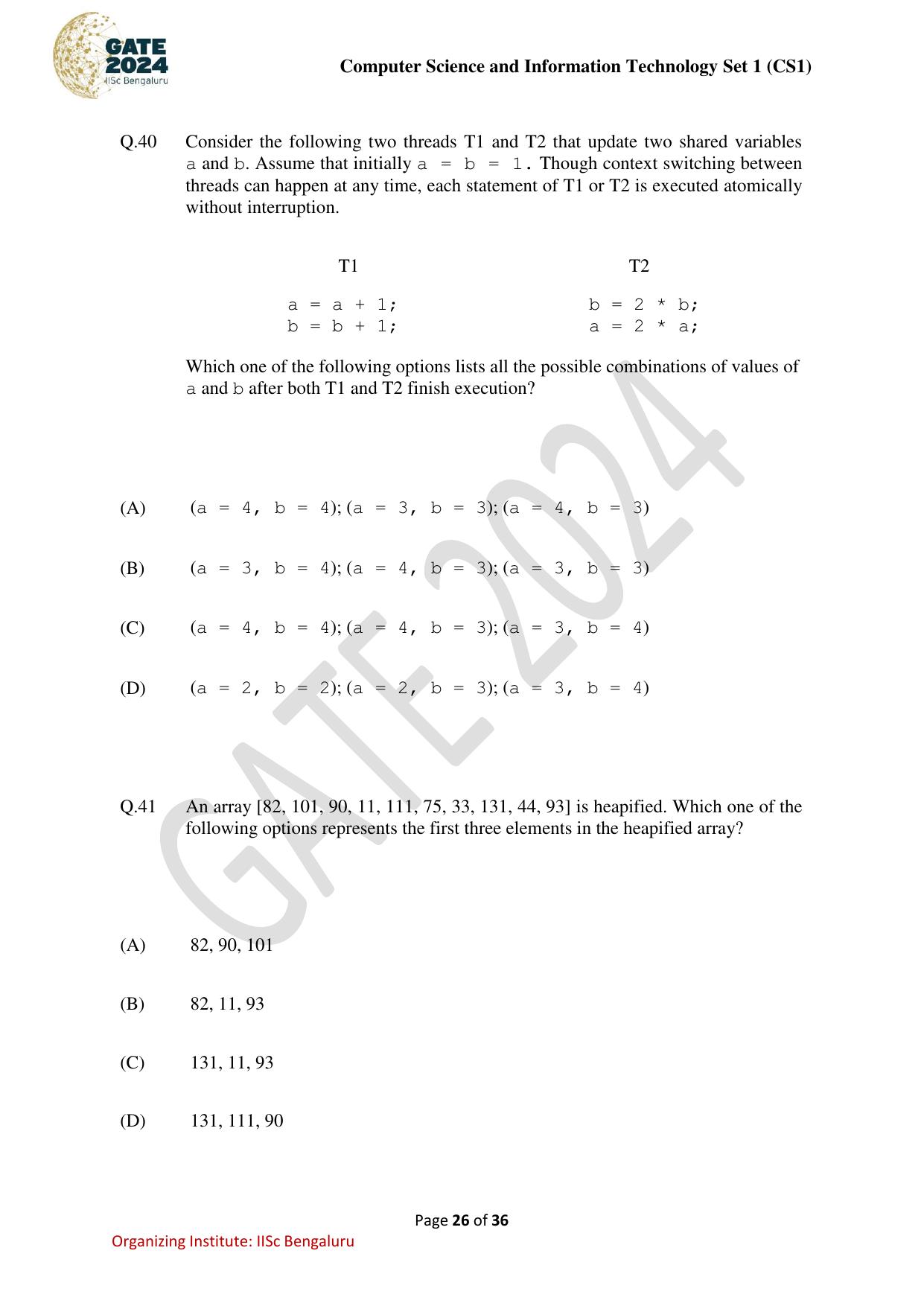 GATE 2024 Computer Science and Information Technology (CS-1) (Forenoon) Question Paper - Page 26