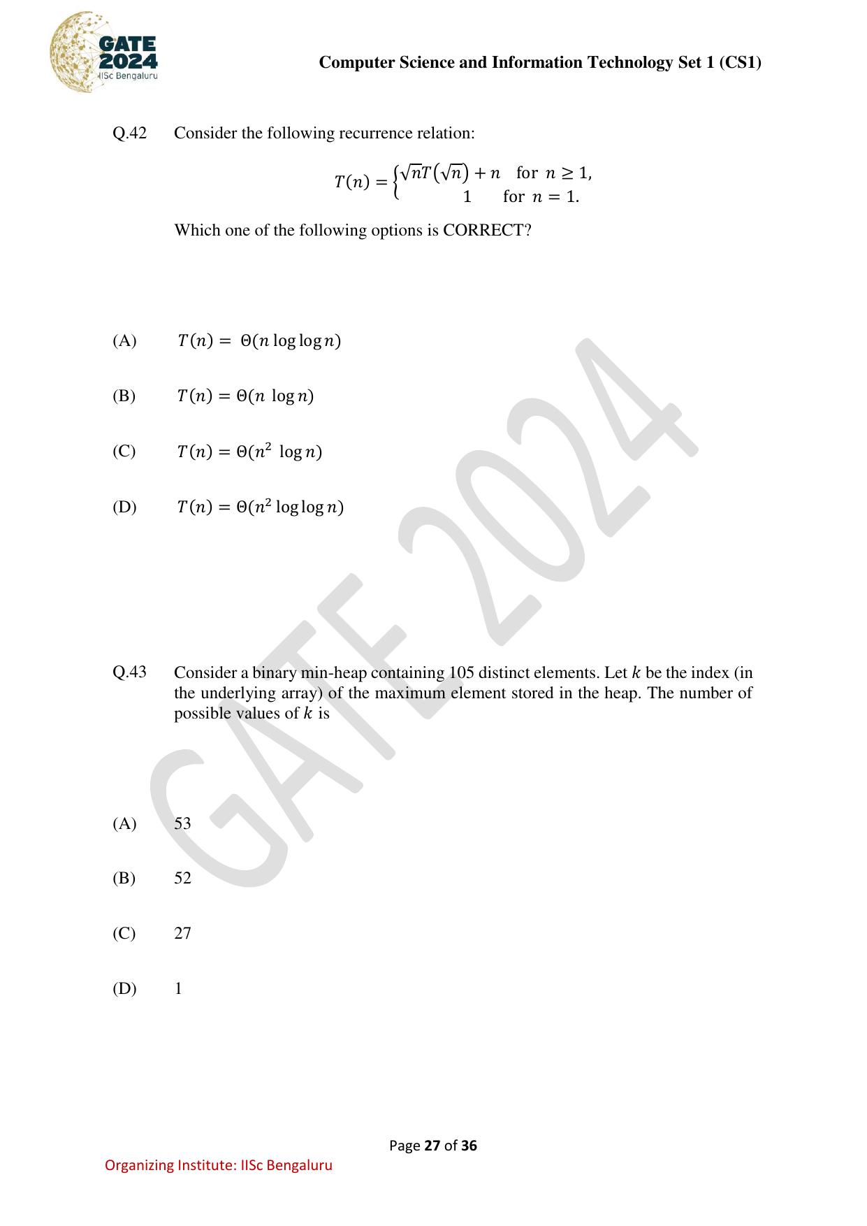 GATE 2024 Computer Science and Information Technology (CS-1) (Forenoon) Question Paper - Page 27