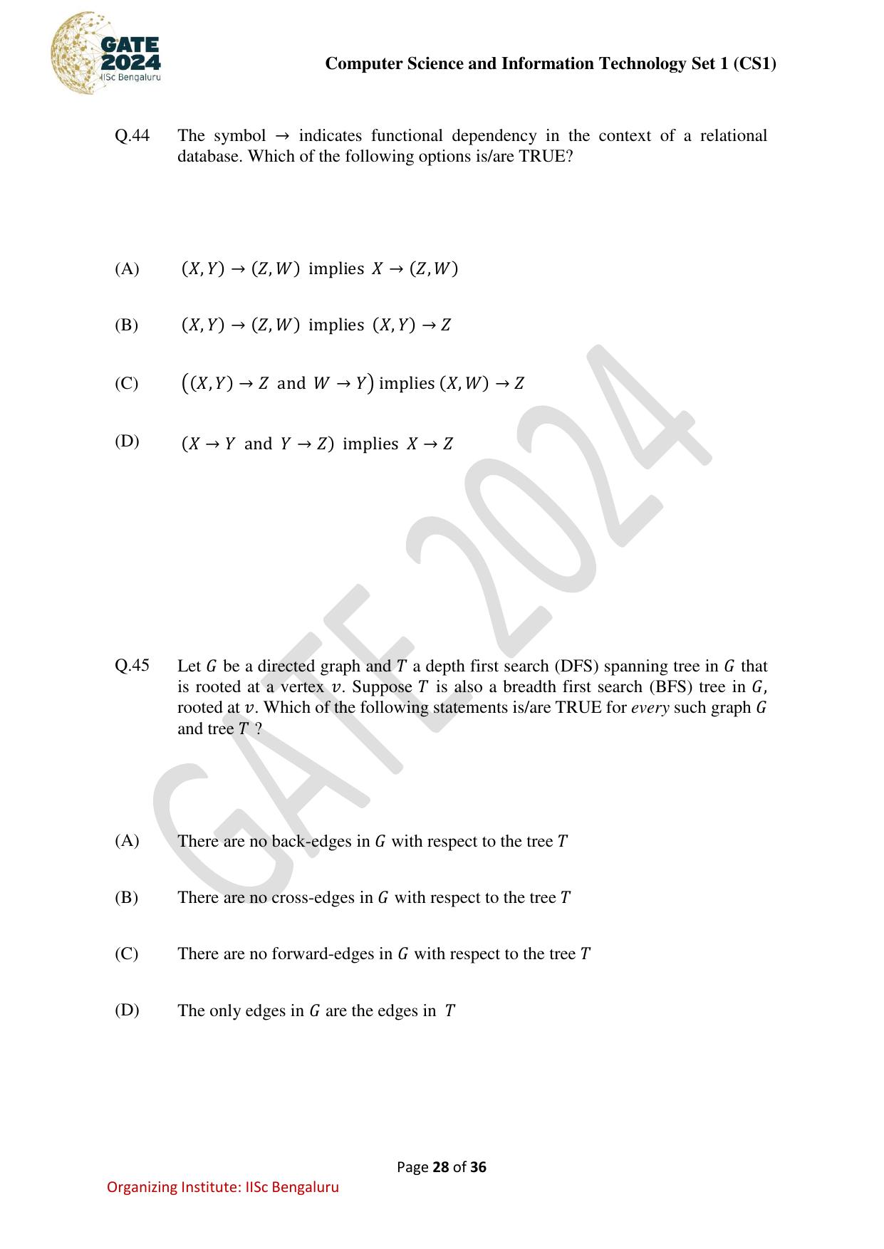 GATE 2024 Computer Science and Information Technology (CS-1) (Forenoon) Question Paper - Page 28