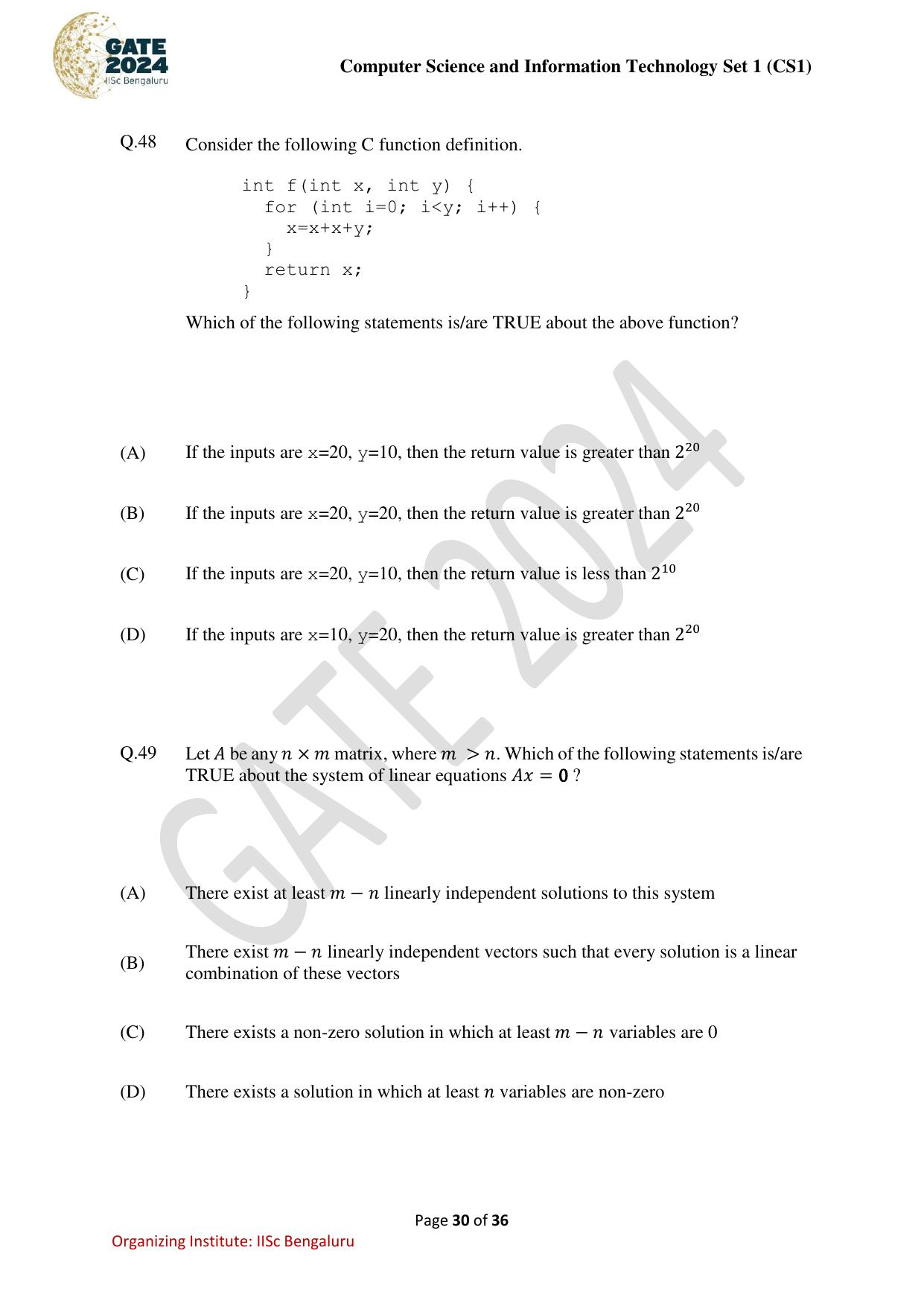 GATE 2024 Computer Science and Information Technology (CS-1) (Forenoon) Question Paper - Page 30