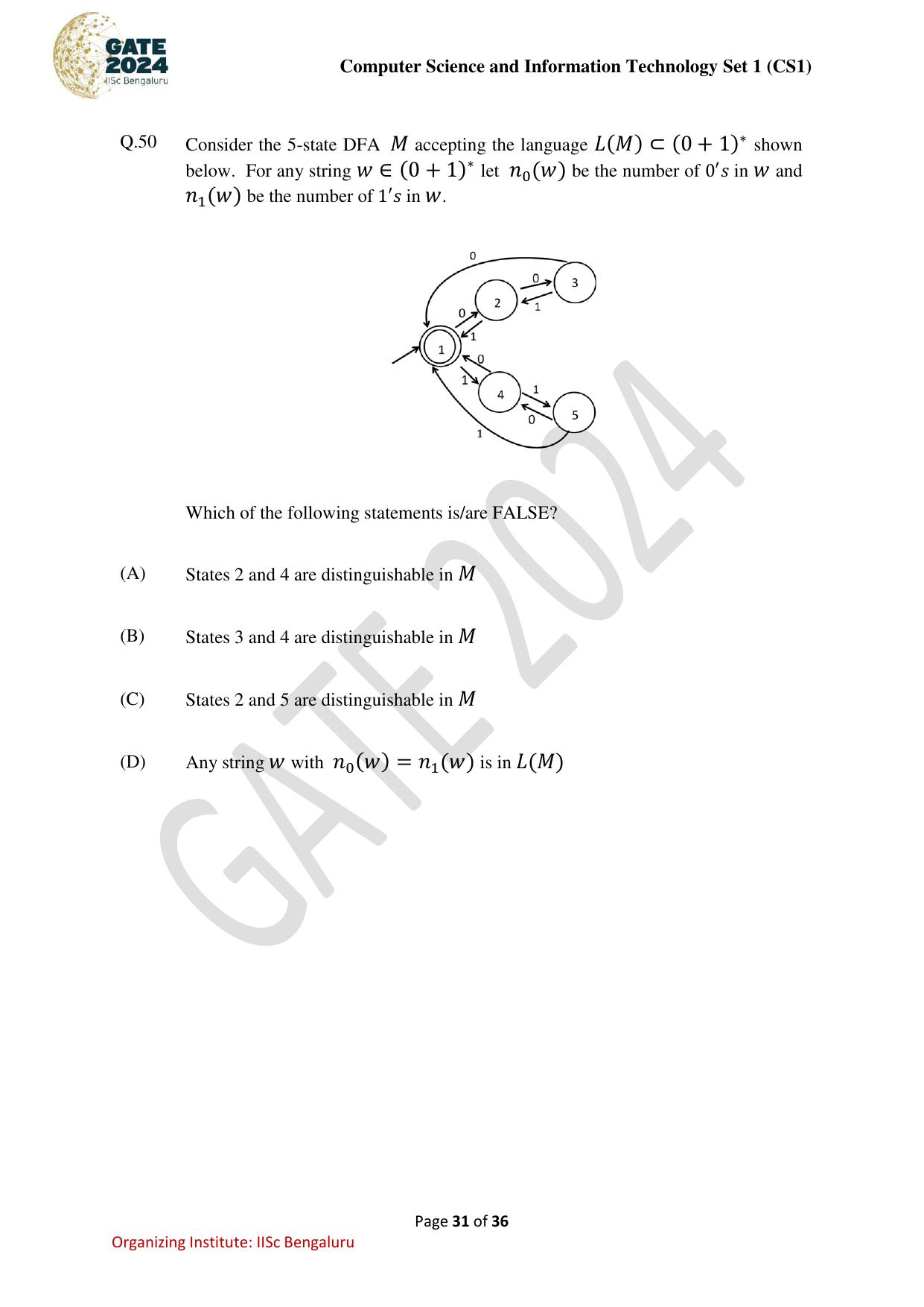 GATE 2024 Computer Science and Information Technology (CS-1) (Forenoon) Question Paper - Page 31