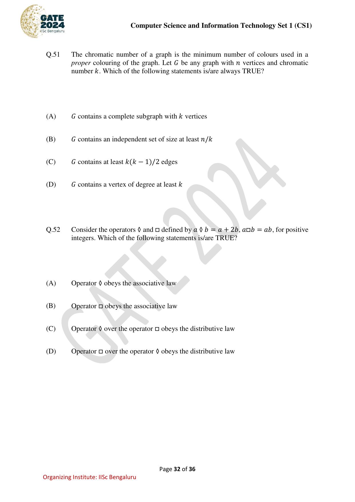 GATE 2024 Computer Science and Information Technology (CS-1) (Forenoon) Question Paper - Page 32