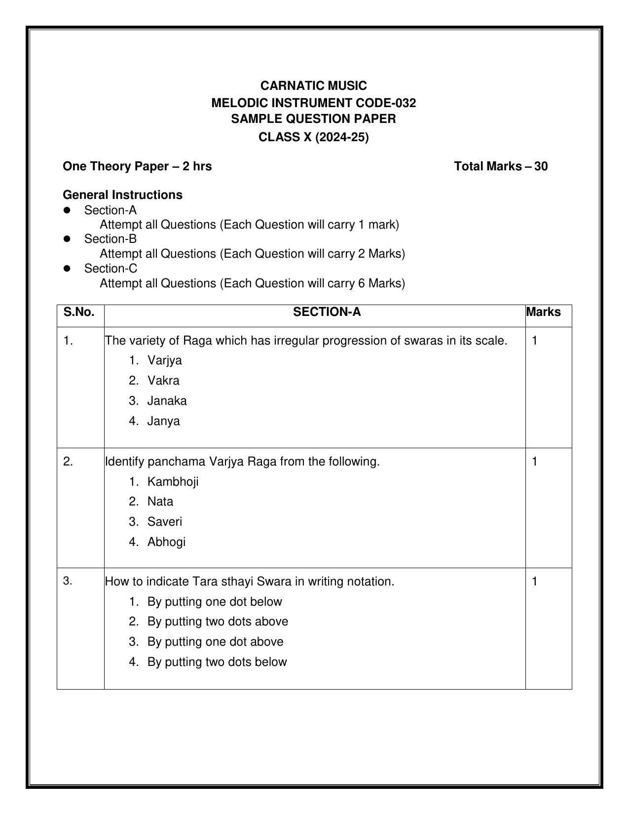 CBSE Class 10 Carnatic Music-Melodic Instruments Sample Paper 2025 - Page 1