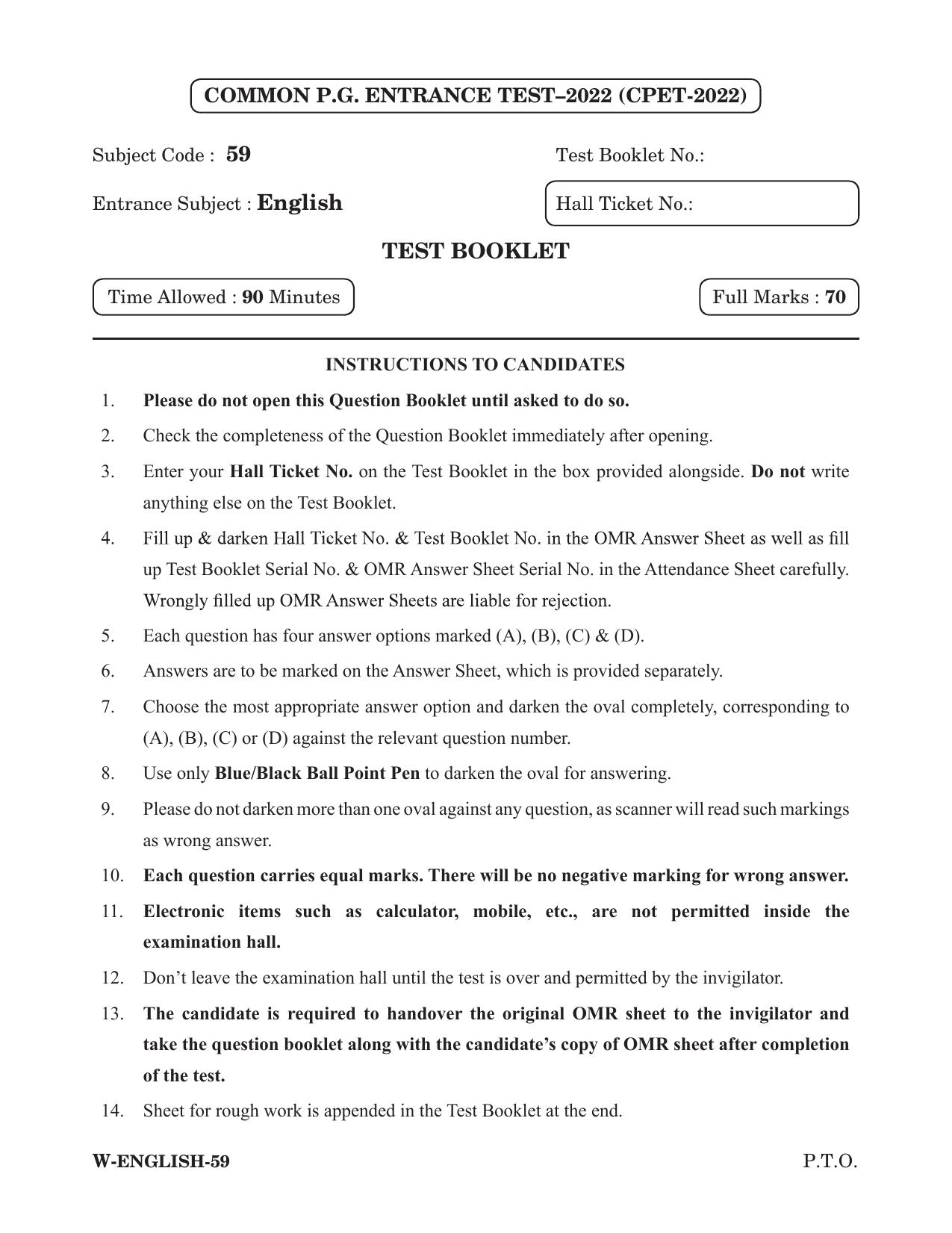 Odisha CPET 2022 ENGLISH Question Paper - Page 1
